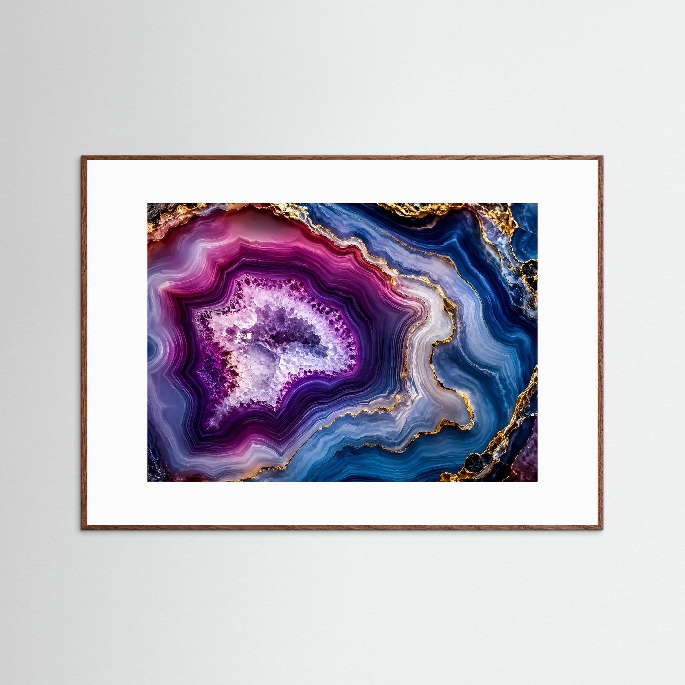 Achat Geode Poster Querformat | Abstrakte Edelstein Wandkunst in Violett, Blau & Gold | Luxuriöses Mineralien Wandbild