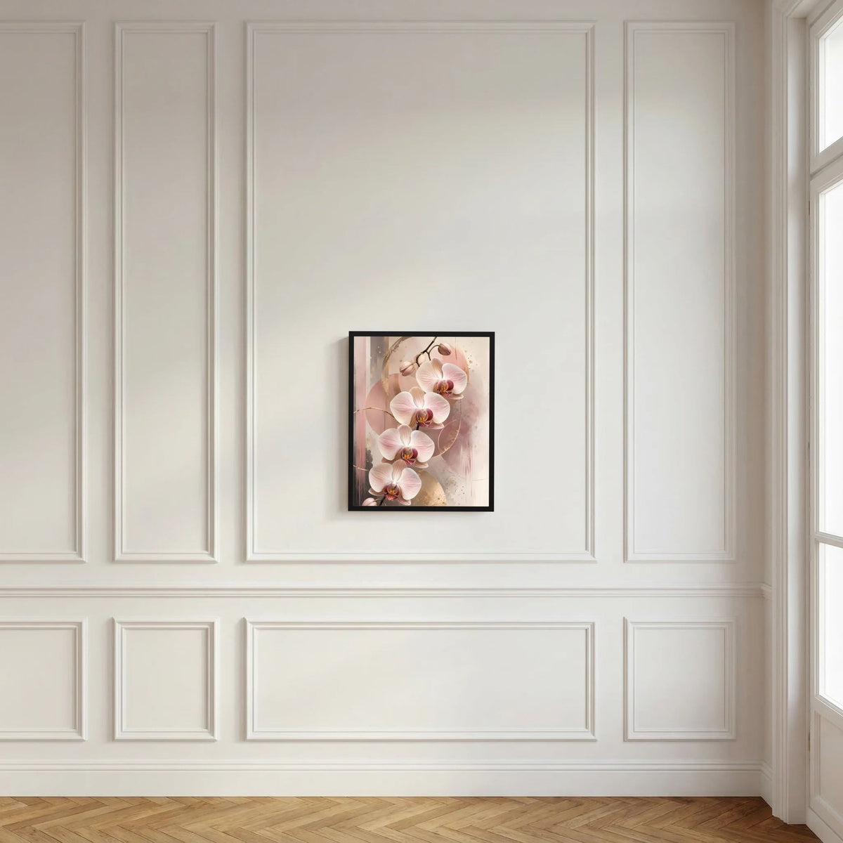 Gerahmtes Orchideen-Poster in Rosé mit Goldakzenten, Hochformat