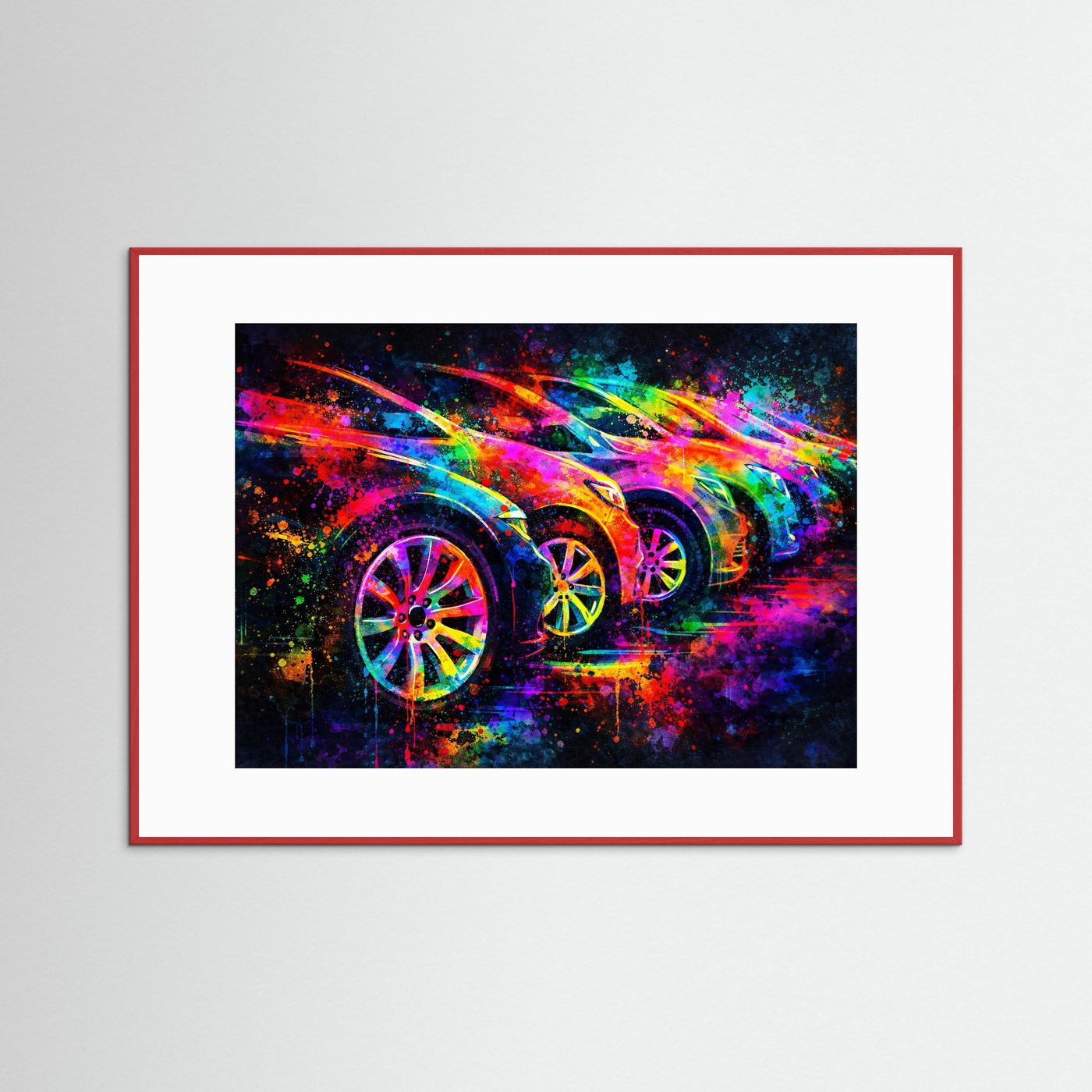 Gerahmtes Poster mit weißem Passepartout und buntem Sportwagen-Motiv, Querformat.