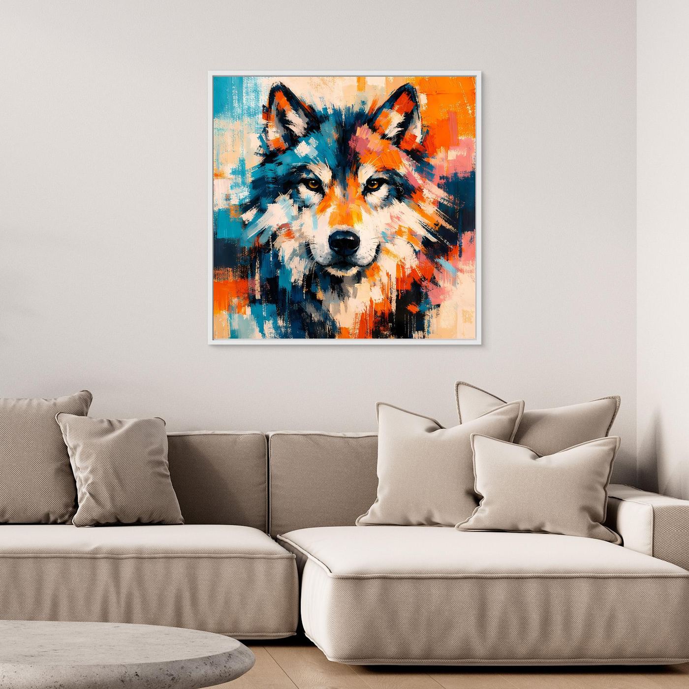 Framed abstract wolf wall art in blue white and orange paint stroke style