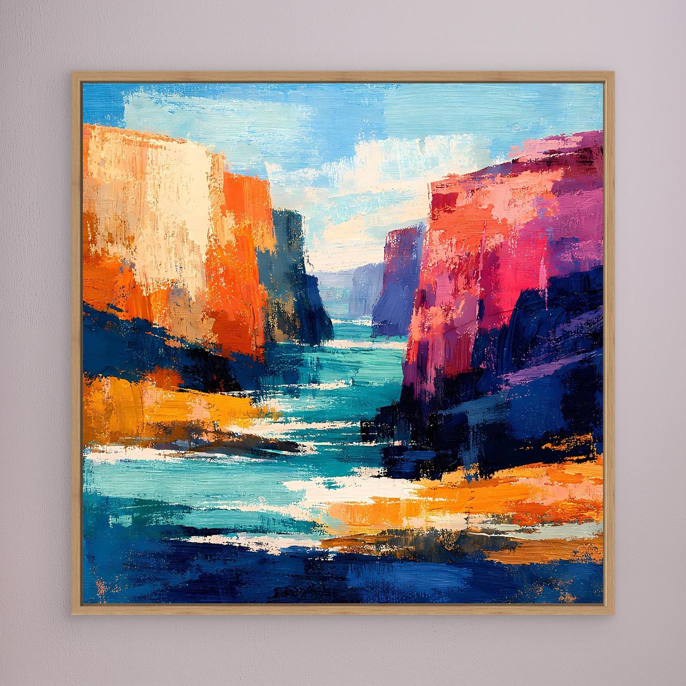 Wandbild mit abstrakten Canyon-Felsen am Fluss, Blau-Orange-Palette, goldbrauner Rahmen