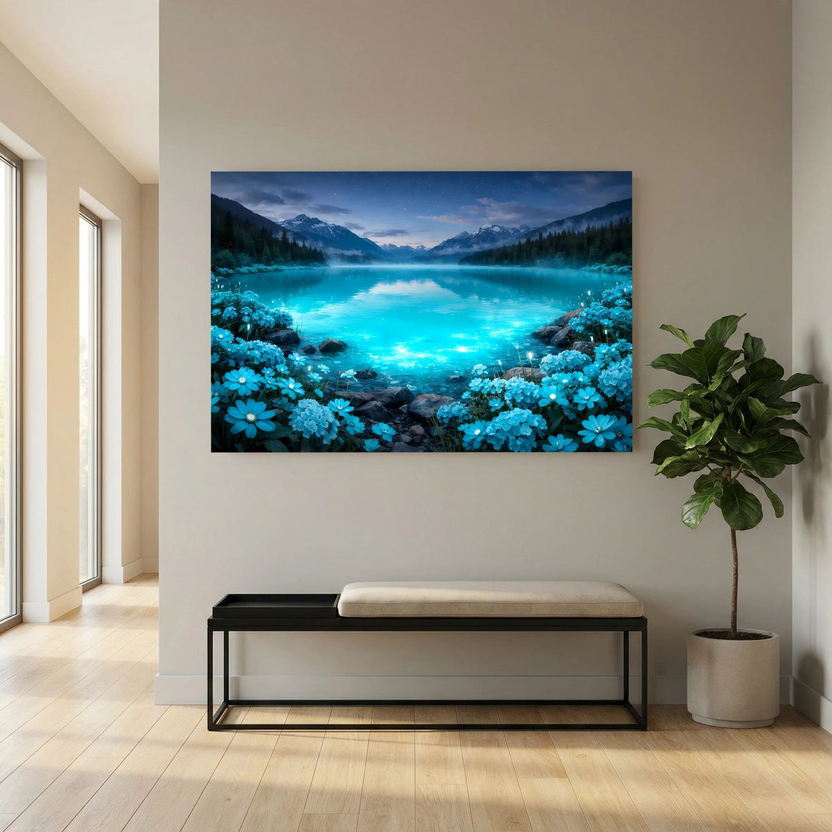 Querformatiges Wandbild mit Bergsee in Türkis, Bergen und dichtem Meer aus blauen Blumen