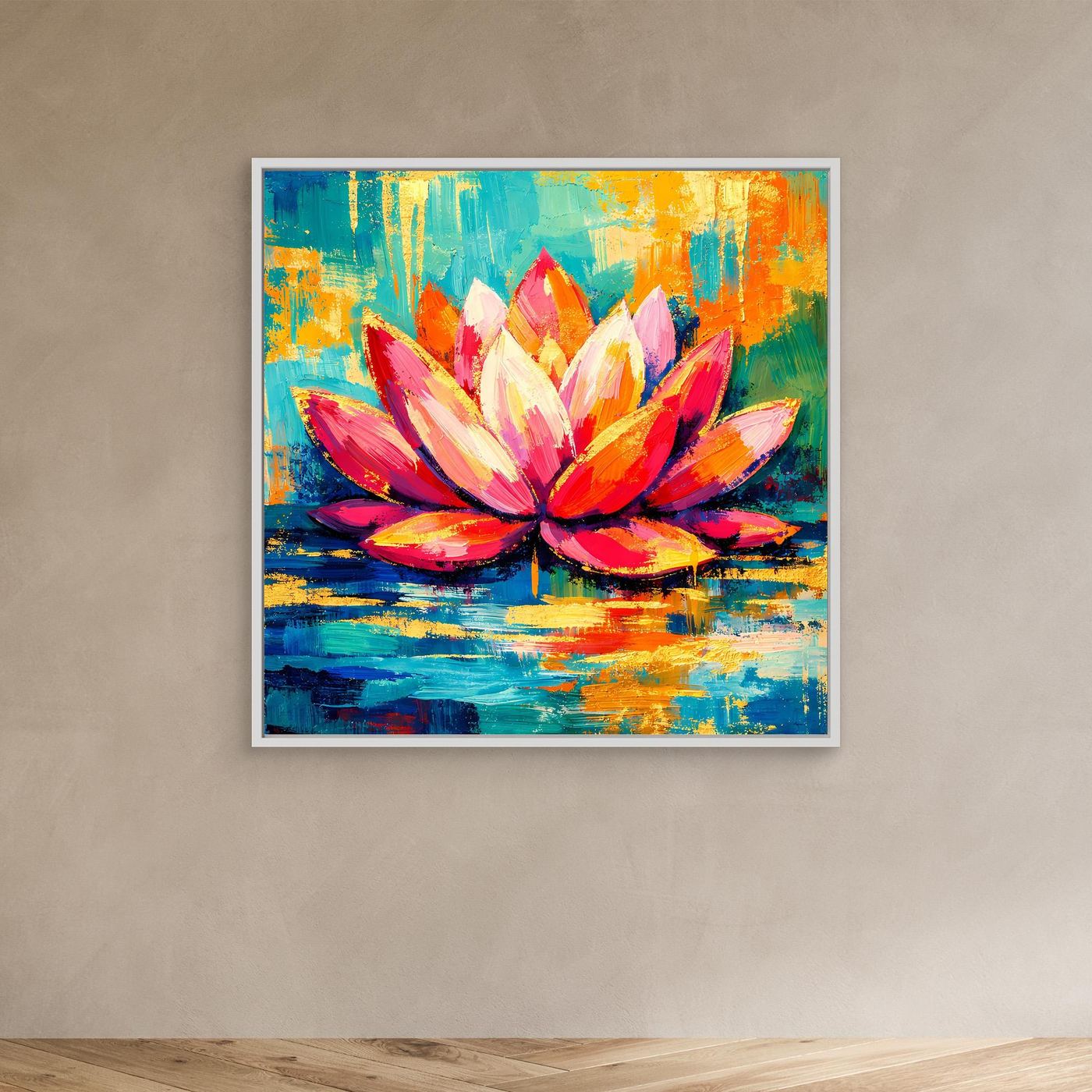 Abstraktes Lotus-Wandbild im weißen Rahmen, bunte Blütenblätter auf türkis-gelbem Grund