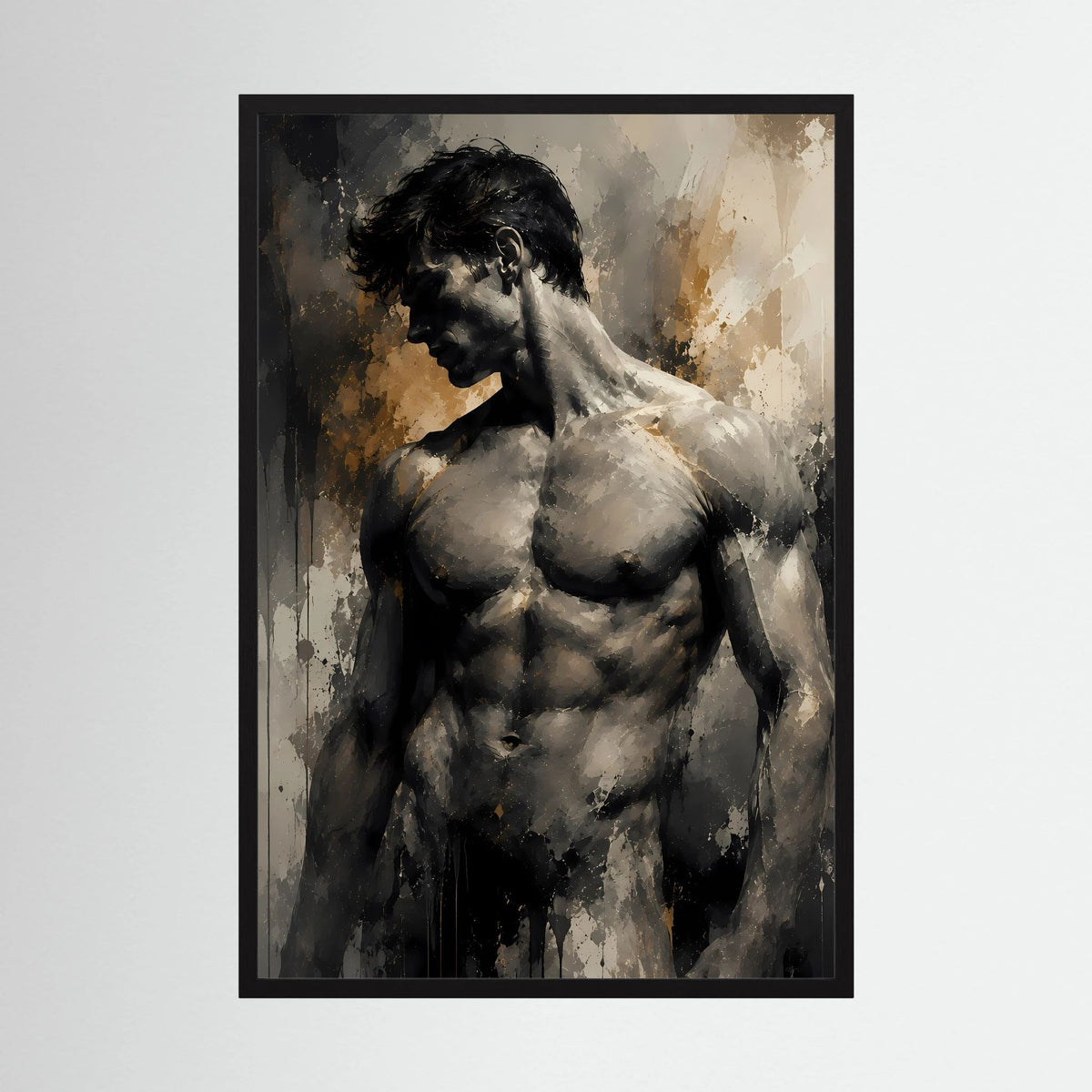 Kunstposter: abstrakter Männerakt in Schwarz und Gold, mit schwarzem Rahmen