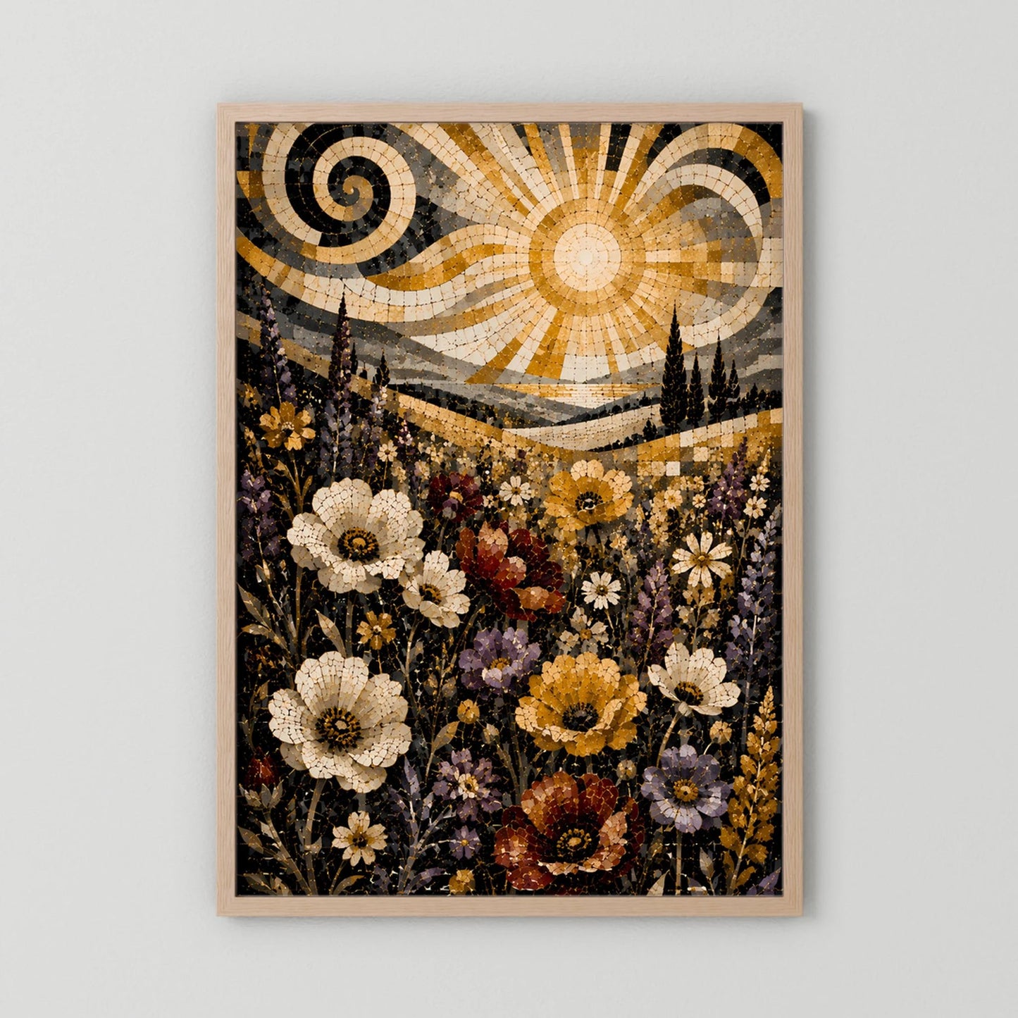 Hochformat-Poster mit Mosaikmotiv: goldene Sonne über Blumenwiese, hellbrauner Rahmen