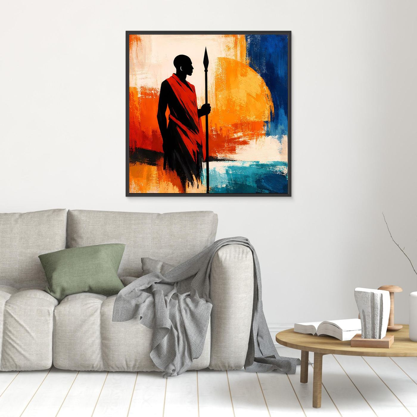 Leinwand Afrikanischer Krieger bei Sonnenuntergang | Modernes Ethno Silhouette Wandbild