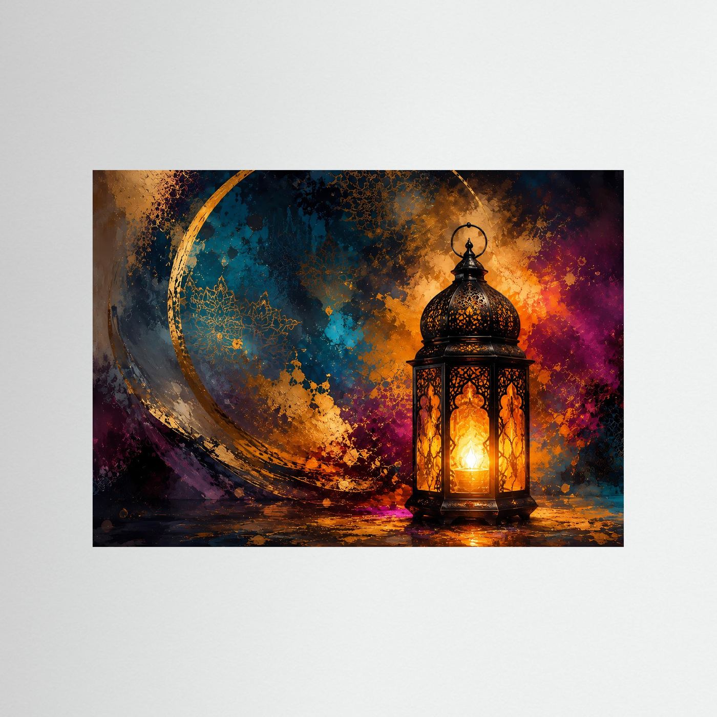Orientalische Laterne Poster | Goldene Mondkunst | Abstrakte Boho Wandkunst | Mystisches Licht | Moderne Fine Art | Elegantes Wandbild