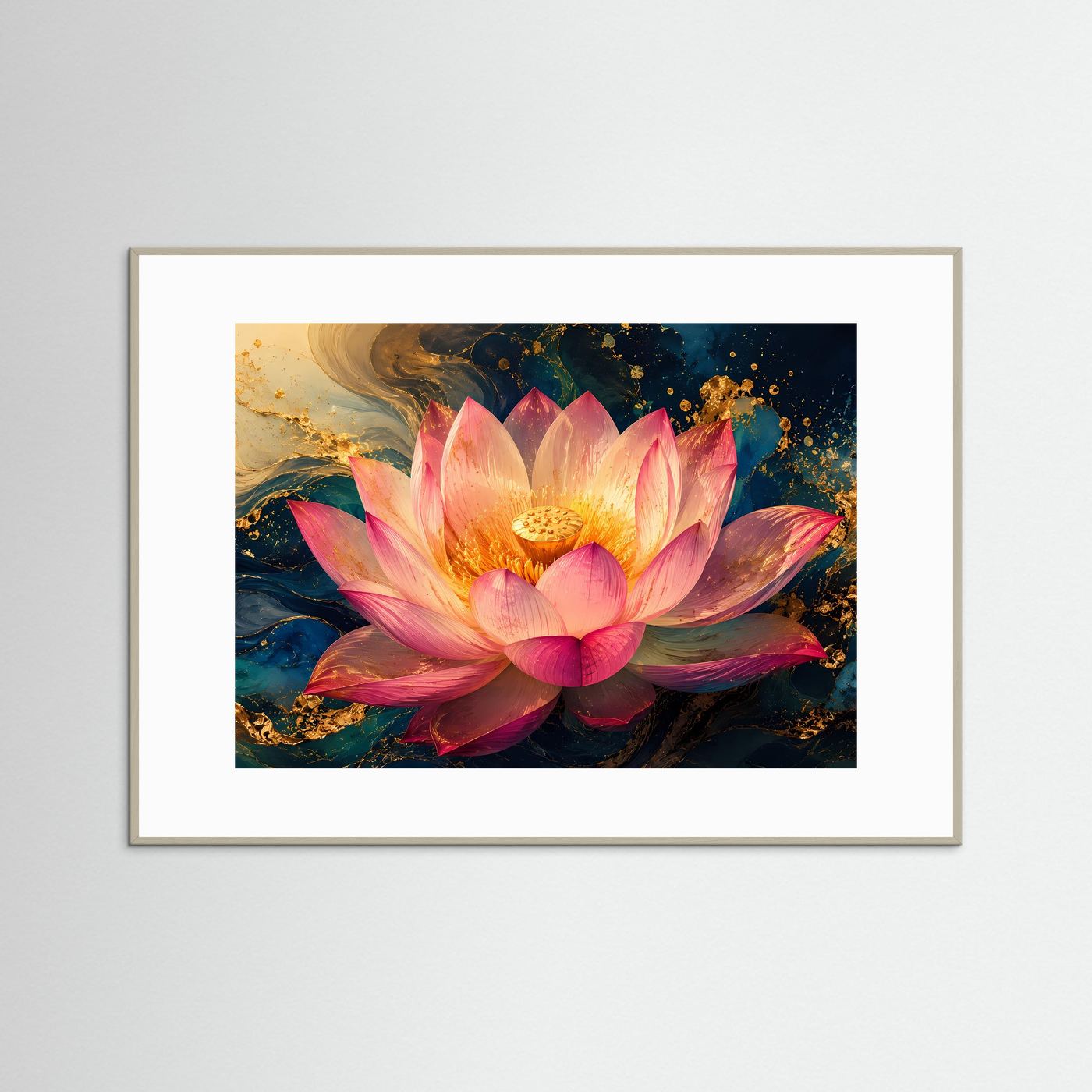 Lotusblüte Poster | Elegante Lotusblume Wandbild | Abstrakte Blumenkunst in Blau und Gold | Moderne Premium Wall Art