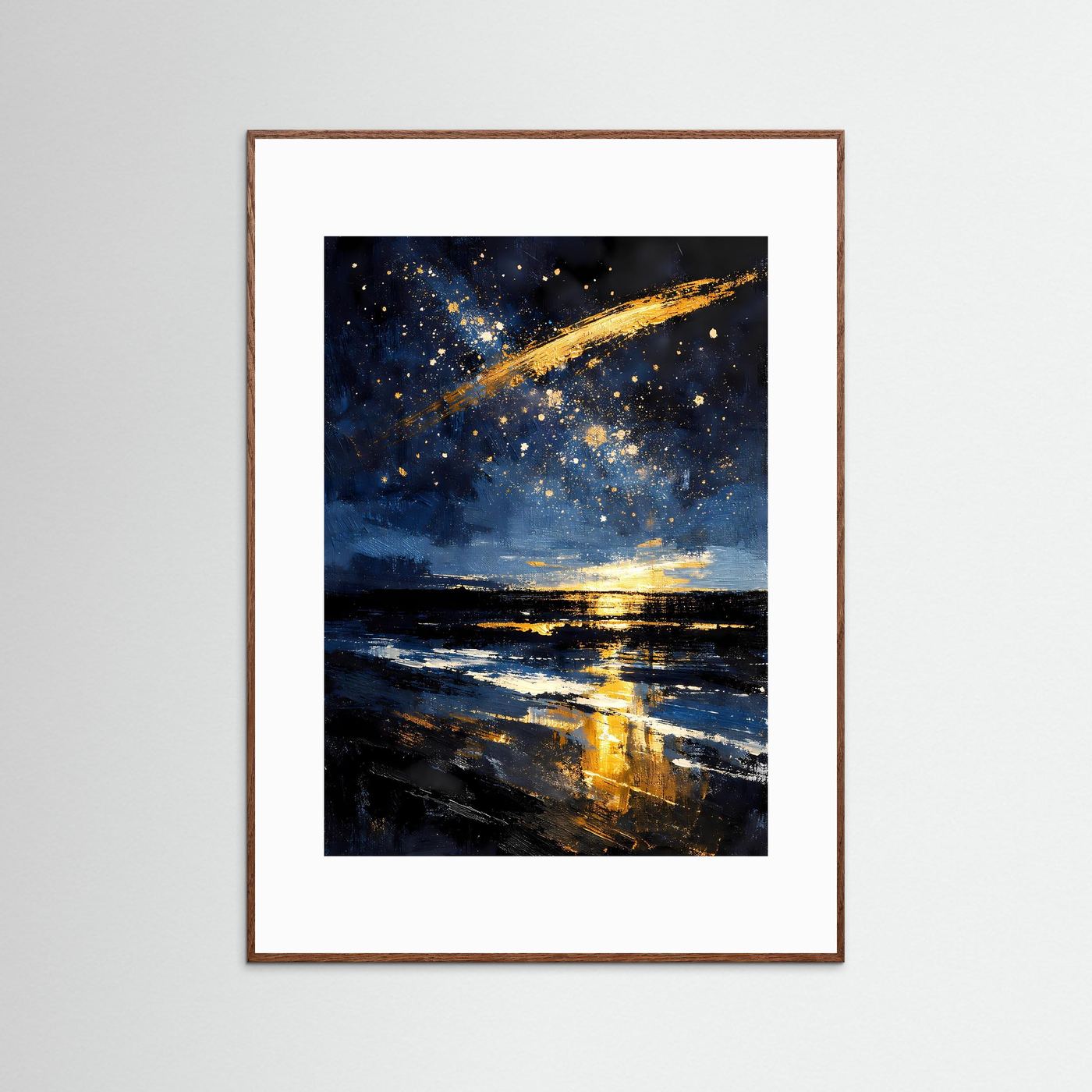 Kunstposter, abstrakter Sternenhimmel mit Goldpinselspur; dunkelbrauner Holzrahmen