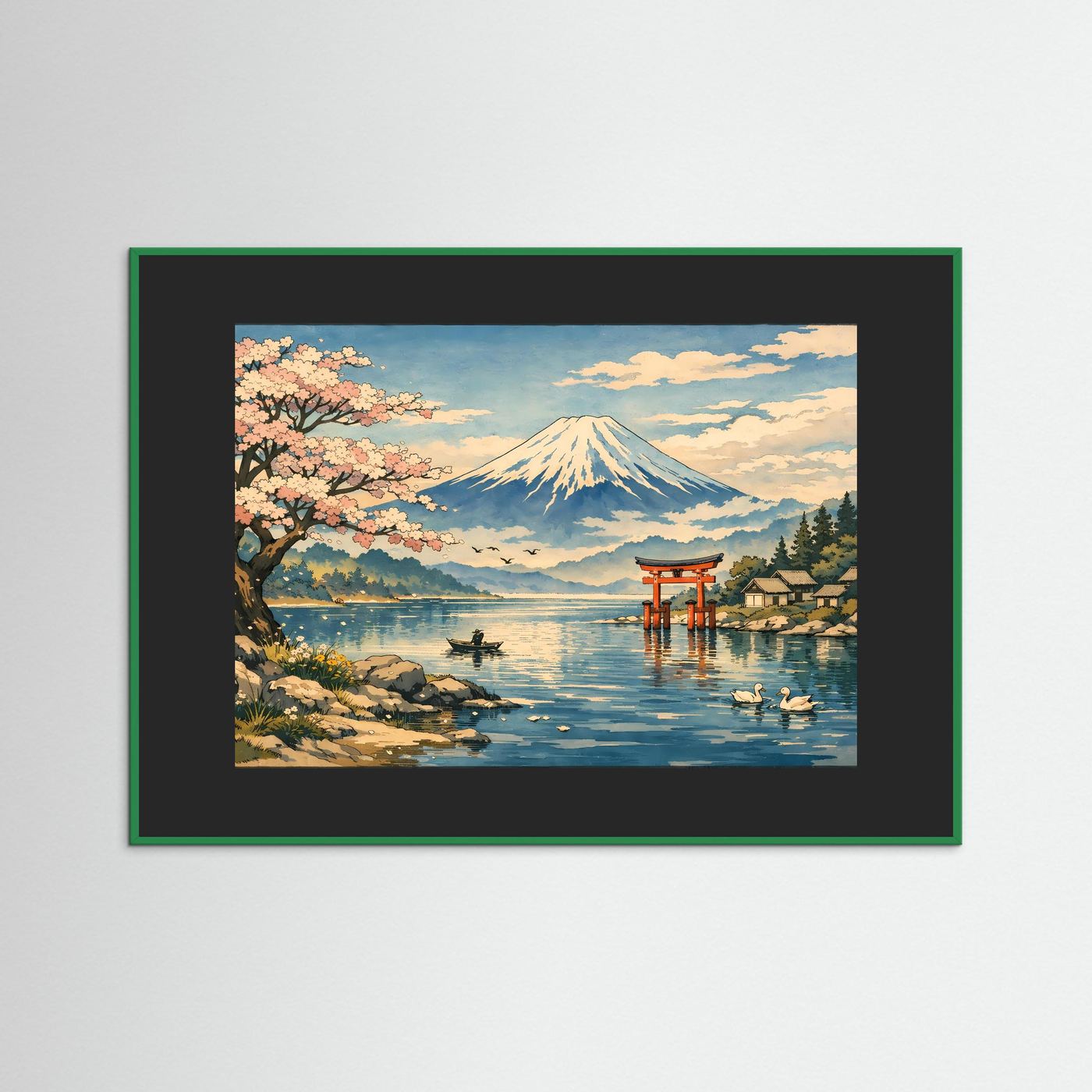 Wandbild-Poster mit Fuji und Kirschblüten, grüner Holzrahmen, dunkler Passepartout