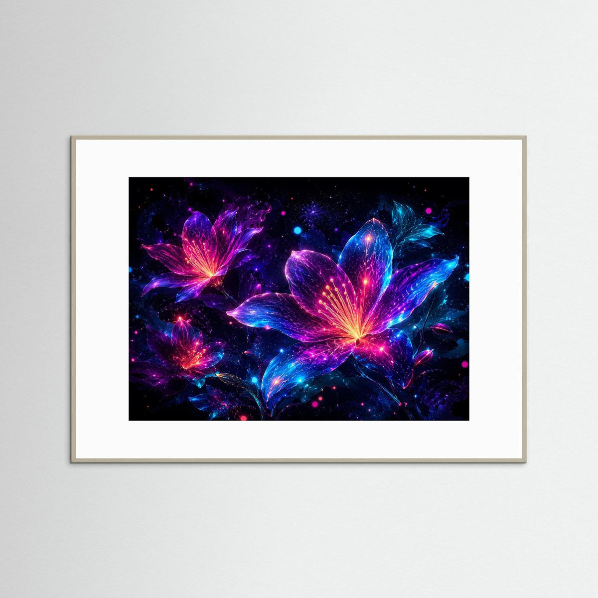 Neon-Blumenbild mit abstrakten Lilien in Pink, Violett und Blau, hellgrau gerahmt