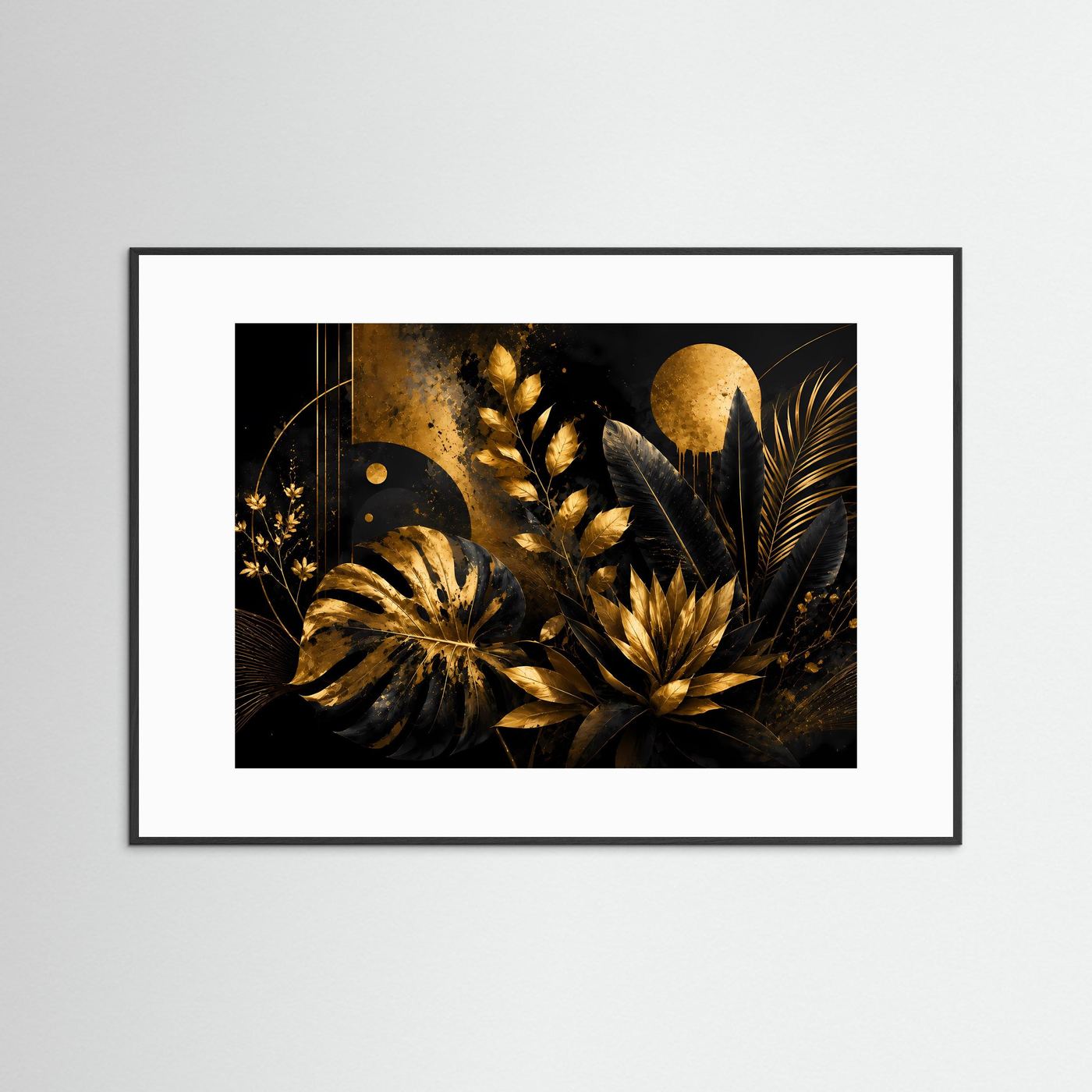Luxuriöse Tropische Blätter in Schwarz & Gold | Abstrakte Botanische Wandkunst mit Monstera, Palmenblättern und exotischen Pflanzen | Elegantes Premium Wandbild im Querformat