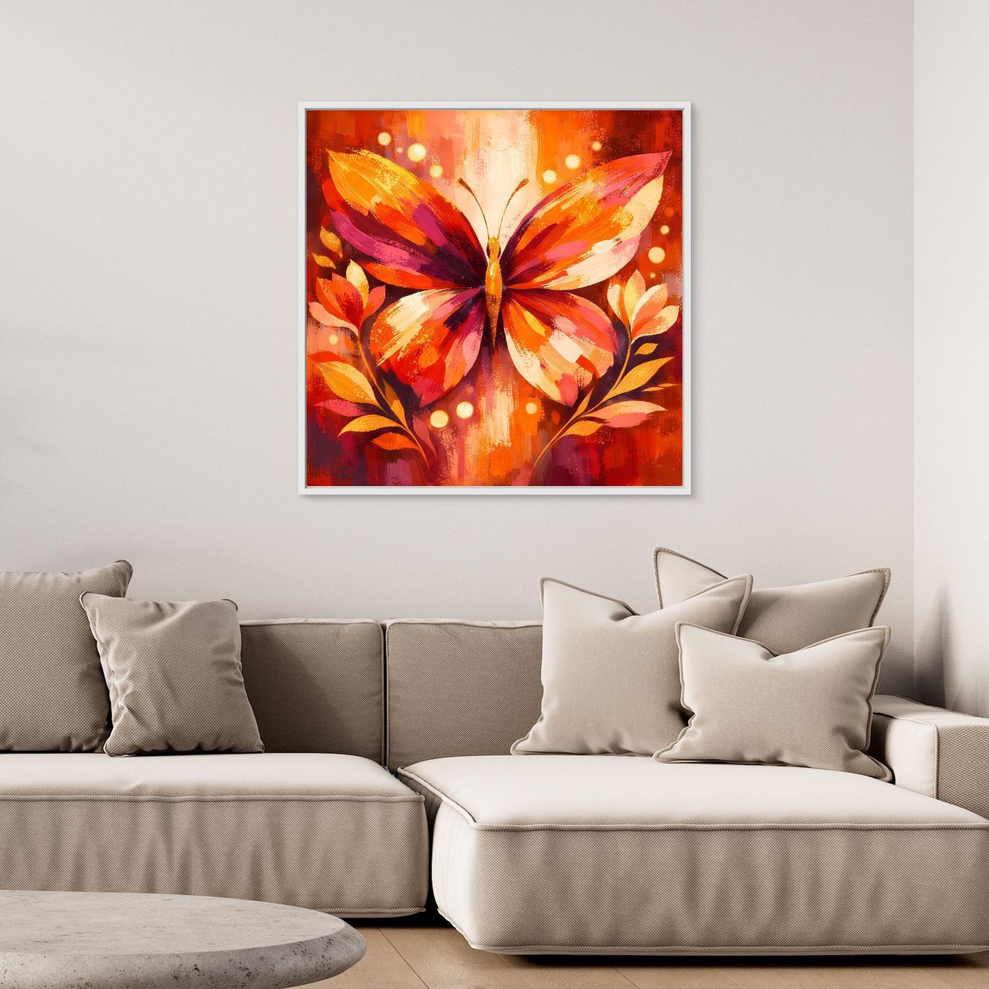 Leinwandbild mit Rahmen: Schmetterling in Orange, Pink und Gelb auf warmem Farbgrund