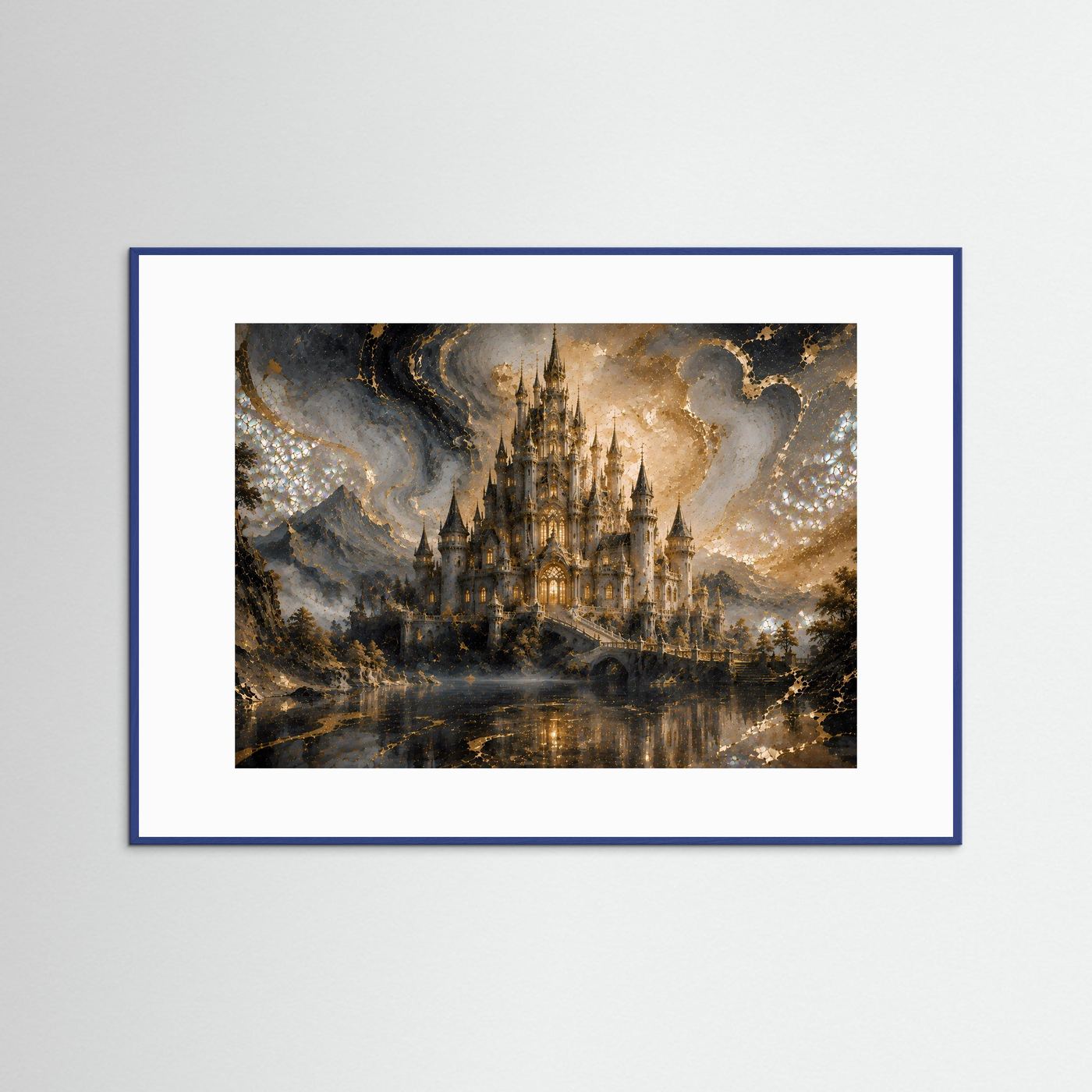Mystisches Märchenschloss in Gold & Perlmutt | Fantasie Schloss Wandbild