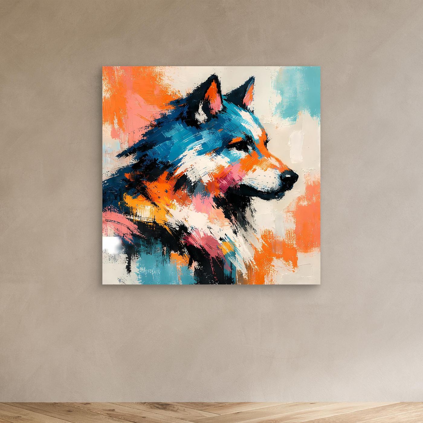 Leinwand-Wandbild mit abstraktem Wolfkopf in Pop-Art, orange-blau, ohne Rahmen