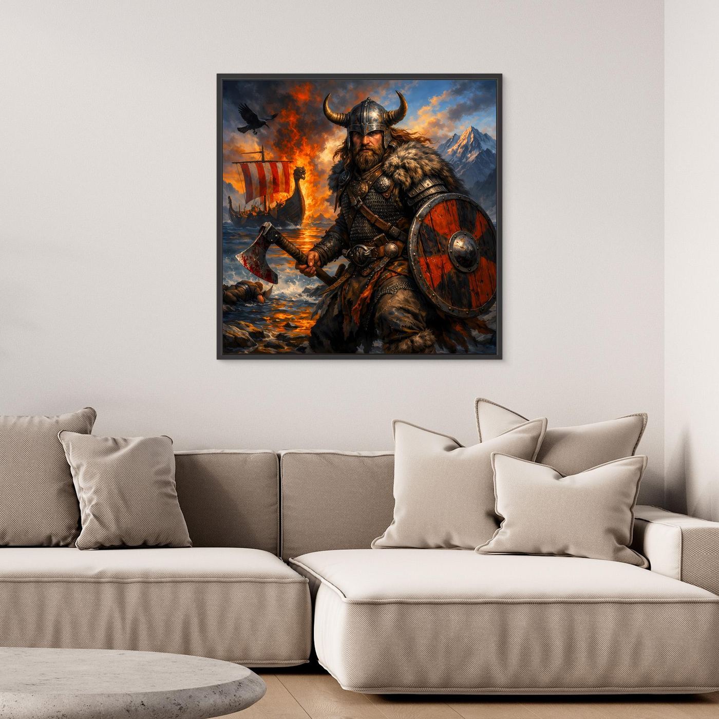 Leinwand Epischer Wikinger-Krieger an der Küste | Modernes Nordisches Wandbild
