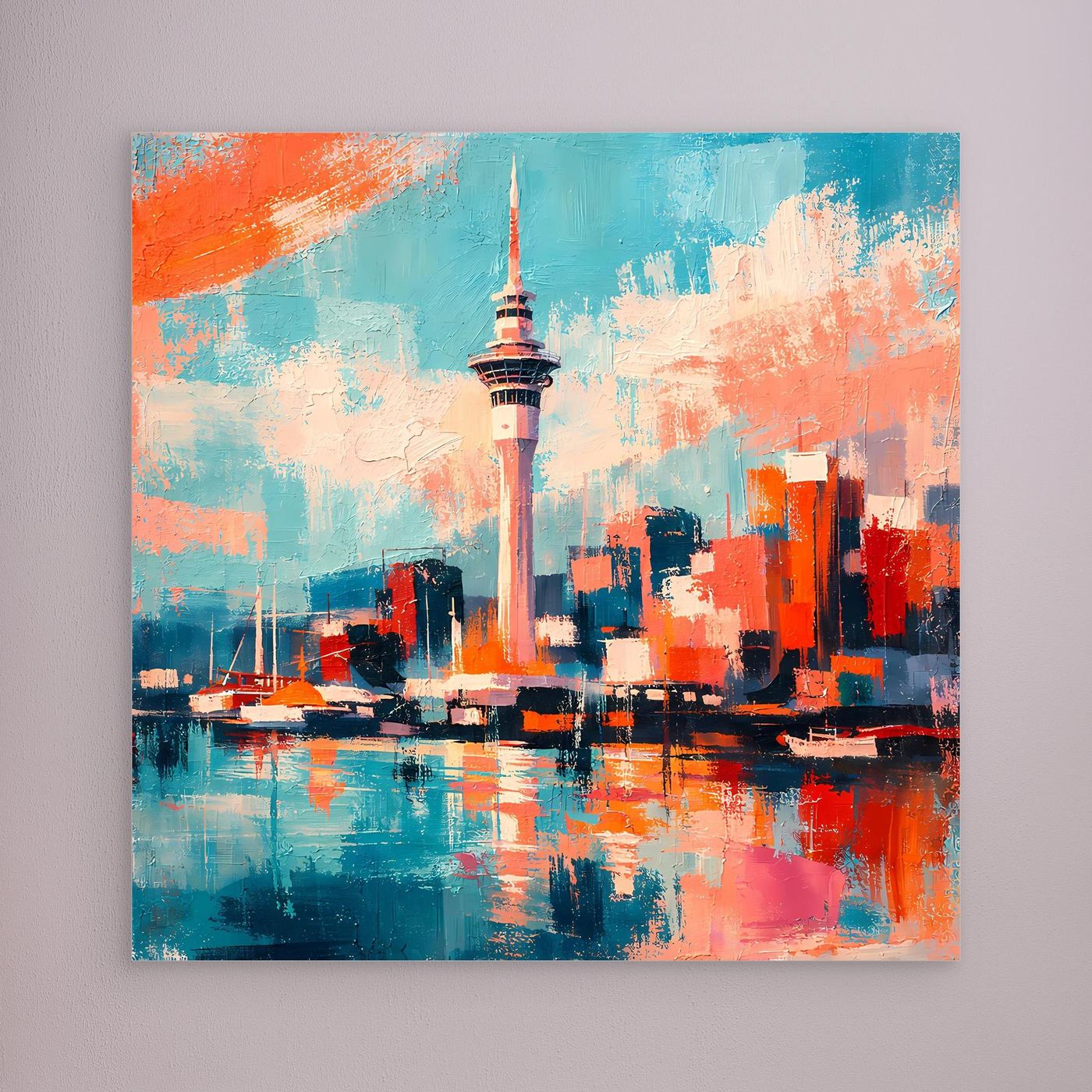 Wandbild mit abstrakter Skyline und Sky Tower, türkis-orangefarbener Farbverlauf, ohne sichtbaren Rahmen
