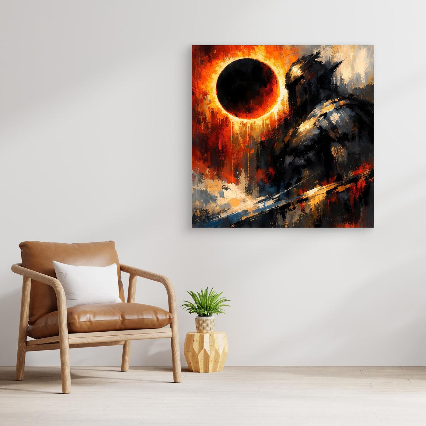 Abstraktes Fantasy-Wandbild: kosmischer Ritter vor leuchtender Sonnenfinsternis, ohne Rahmen