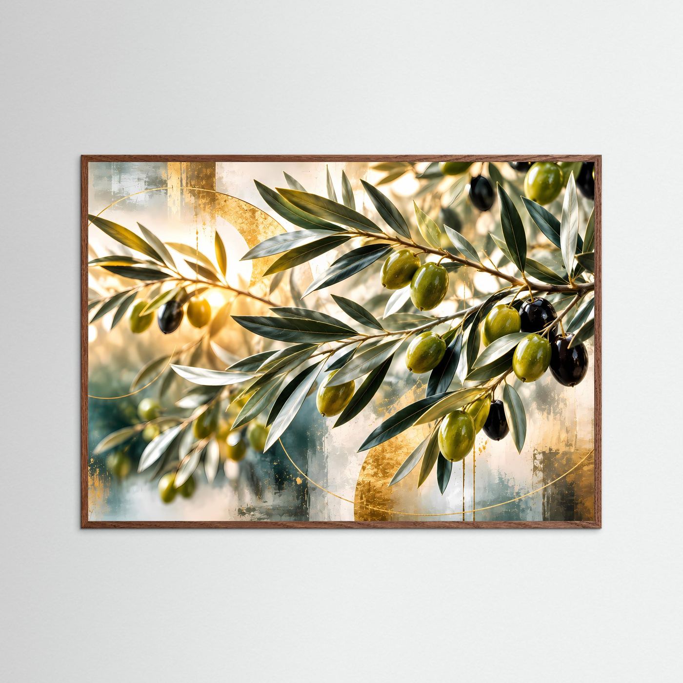 Olivenzweig-Naturkunst, abstraktes Wandbild mit dunklem Eichenrahmen