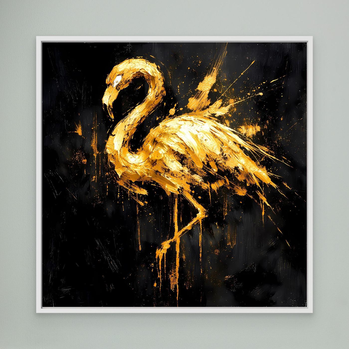 Leinwand Goldener Flamingo auf Schwarz | Abstraktes Modernes Tier Wandbild Kunst