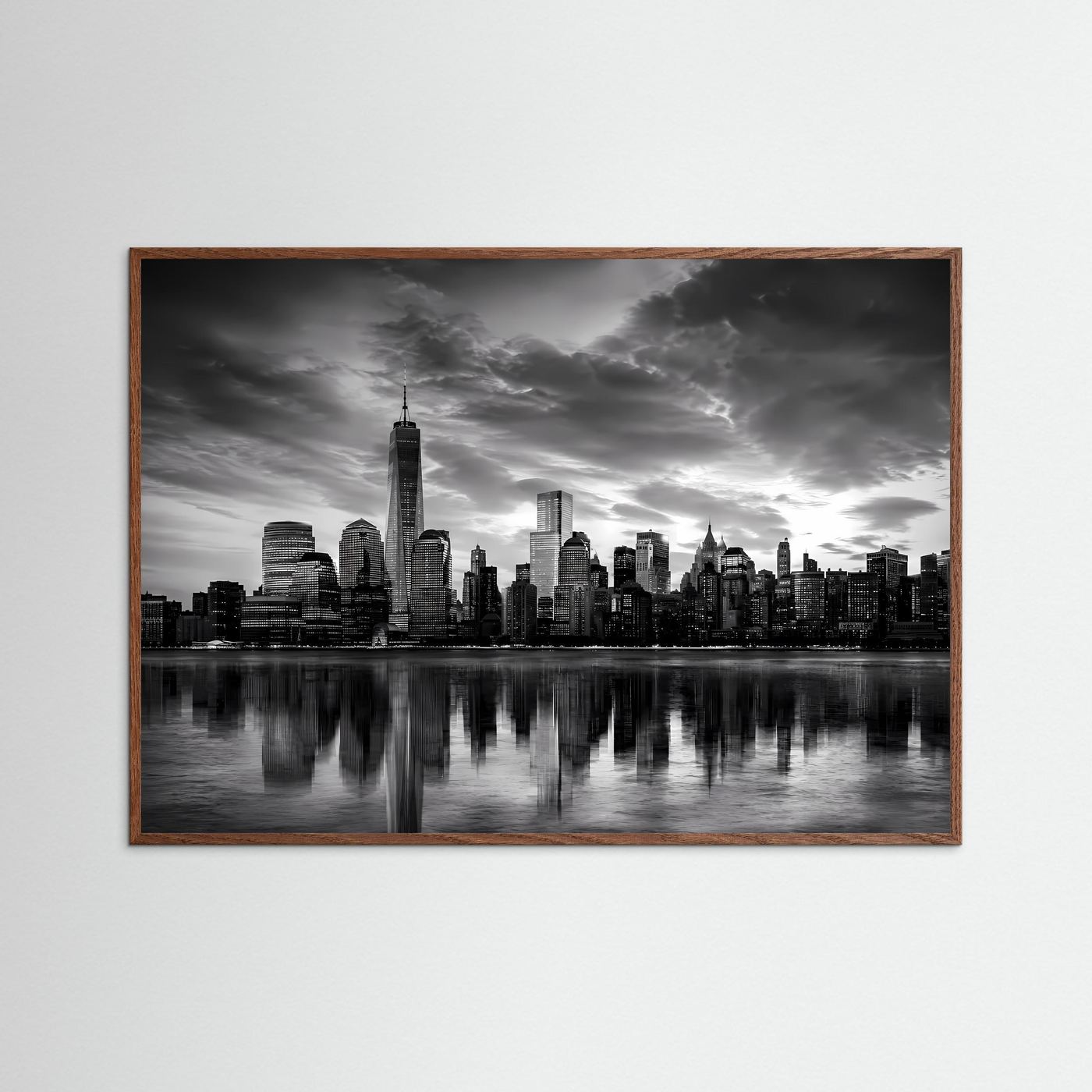 Schwarzweiß-Stadtpanorama als Poster mit Skyline und Spiegelung, brauner Holzrahmen