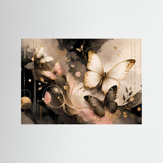 Abstraktes Schmetterlings-Wandbild, querformatig, Schwarz, Creme, Rosé und Gold