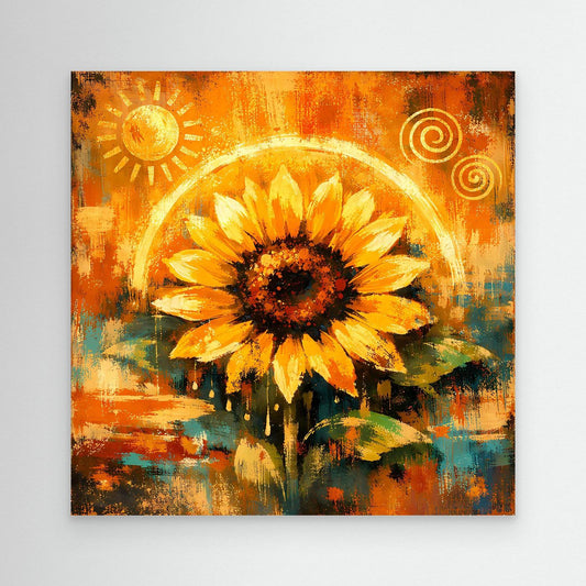 Abstraktes Leinwand-Wandbild mit goldener Sonnenblume, Sonne und Kreismotiven, ohne Rahmen