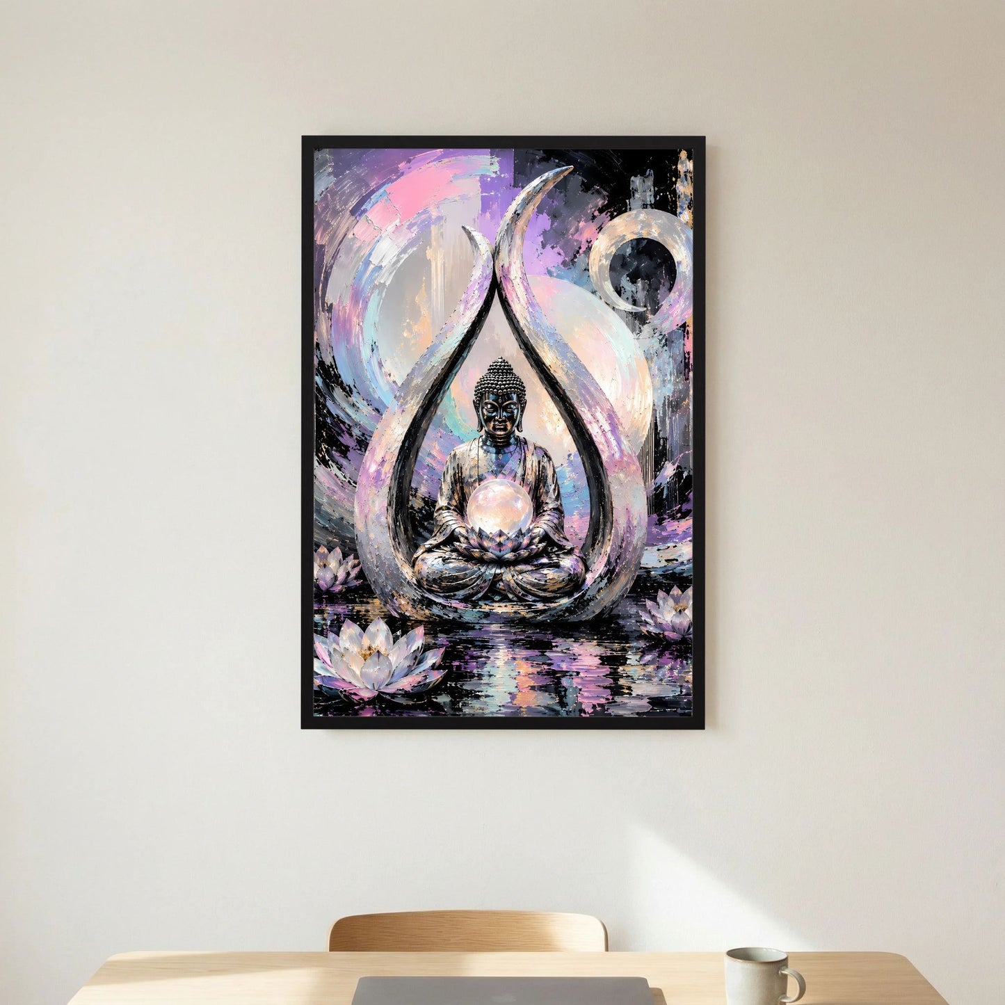 Gerahmtes Hochformat-Kunstposter mit Buddha im Lotus im Kreis, Pastellfarben, schwarzer Rahmen