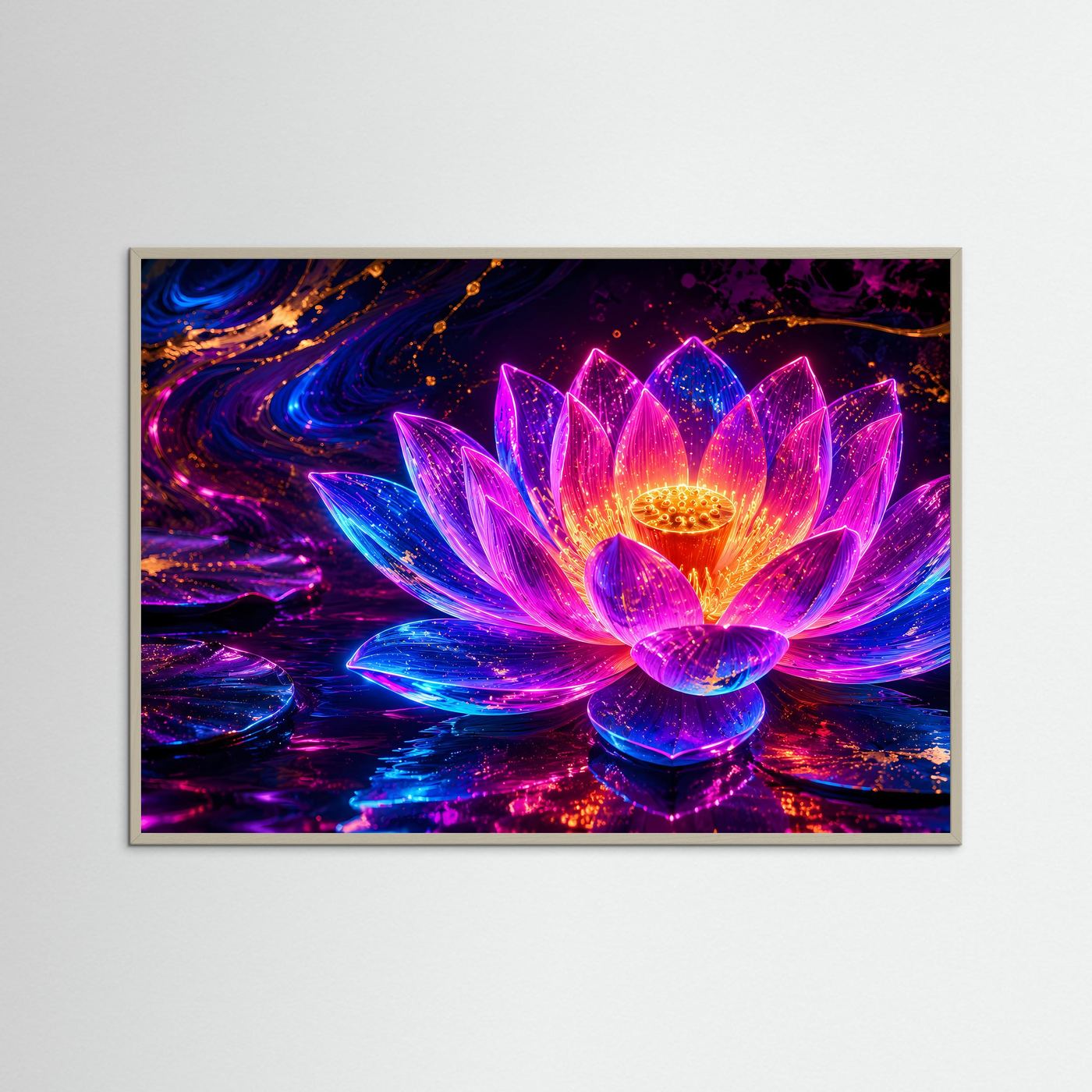 Leuchtende Lotusblüte in Neon Pink & Blau | Mystische moderne Lotus Kunst