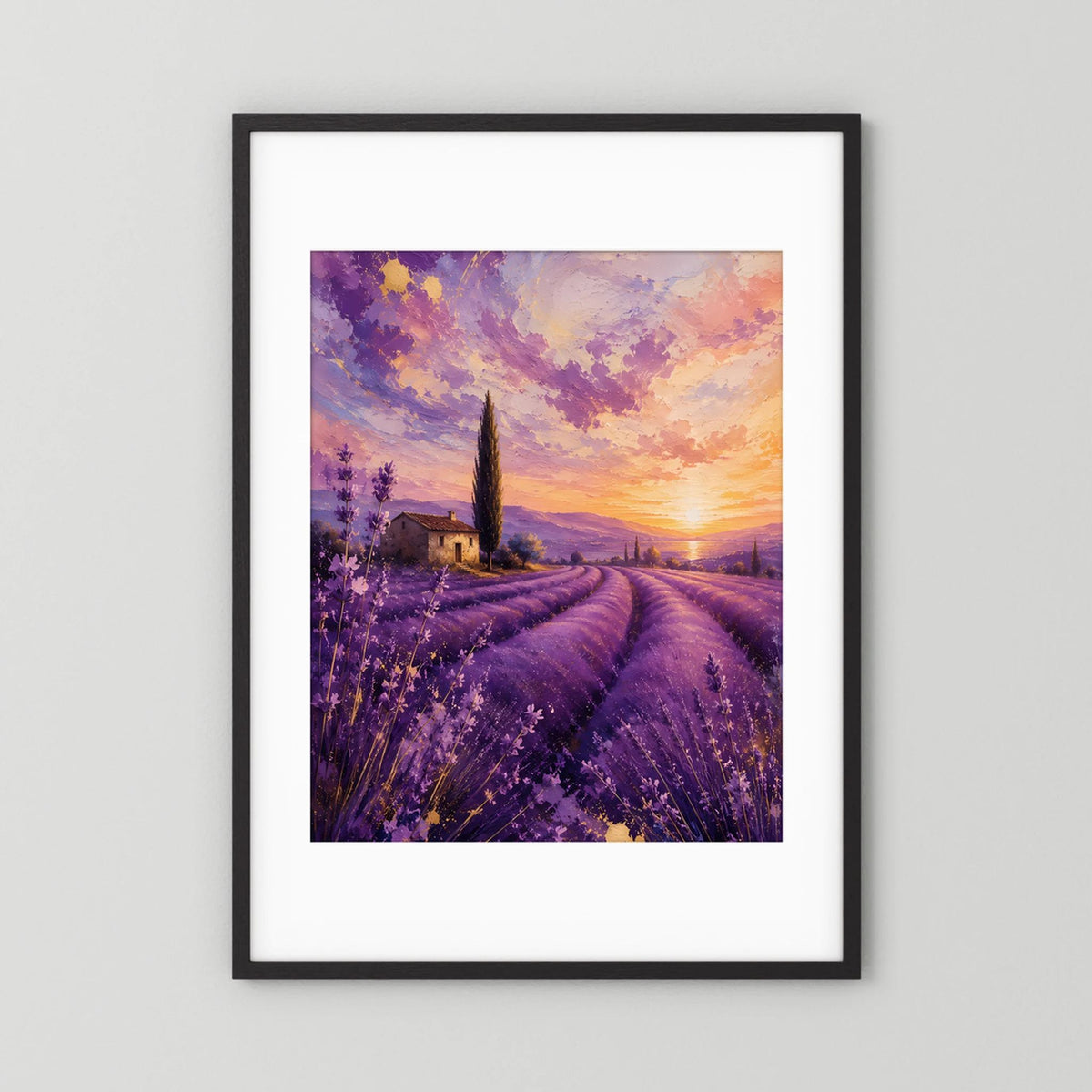 Hochformat-Poster Lavendelfeld bei Sonnenuntergang, violett-gold, schwarzer Rahmen mit weißem Rand