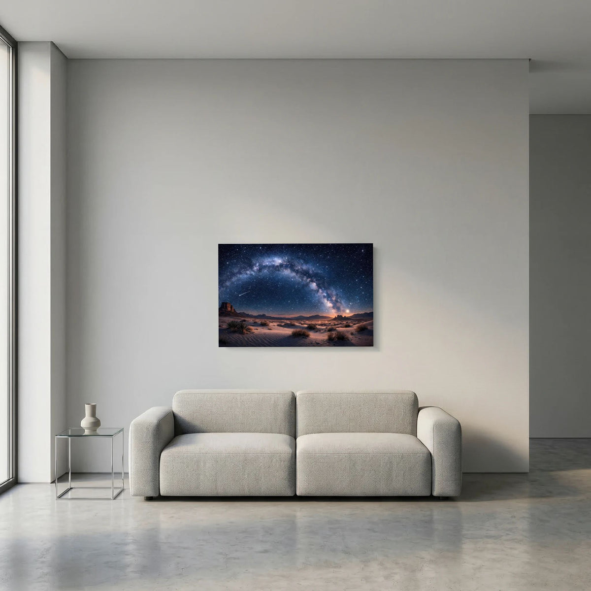 Wandbild mit Sternenhimmel über Dünenlandschaft und Milchstraße, Querformat.