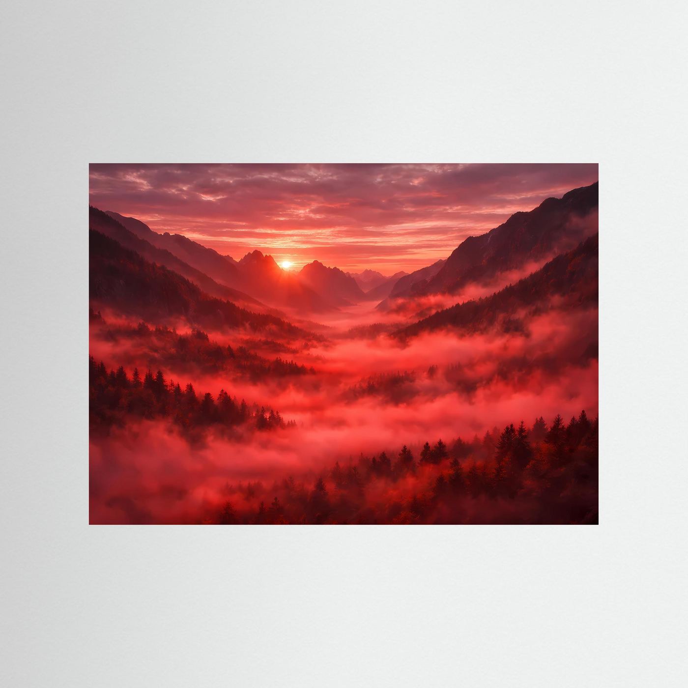 Wandbild mit Berglandschaft und rotem Sonnenuntergang, ohne Rahmen.