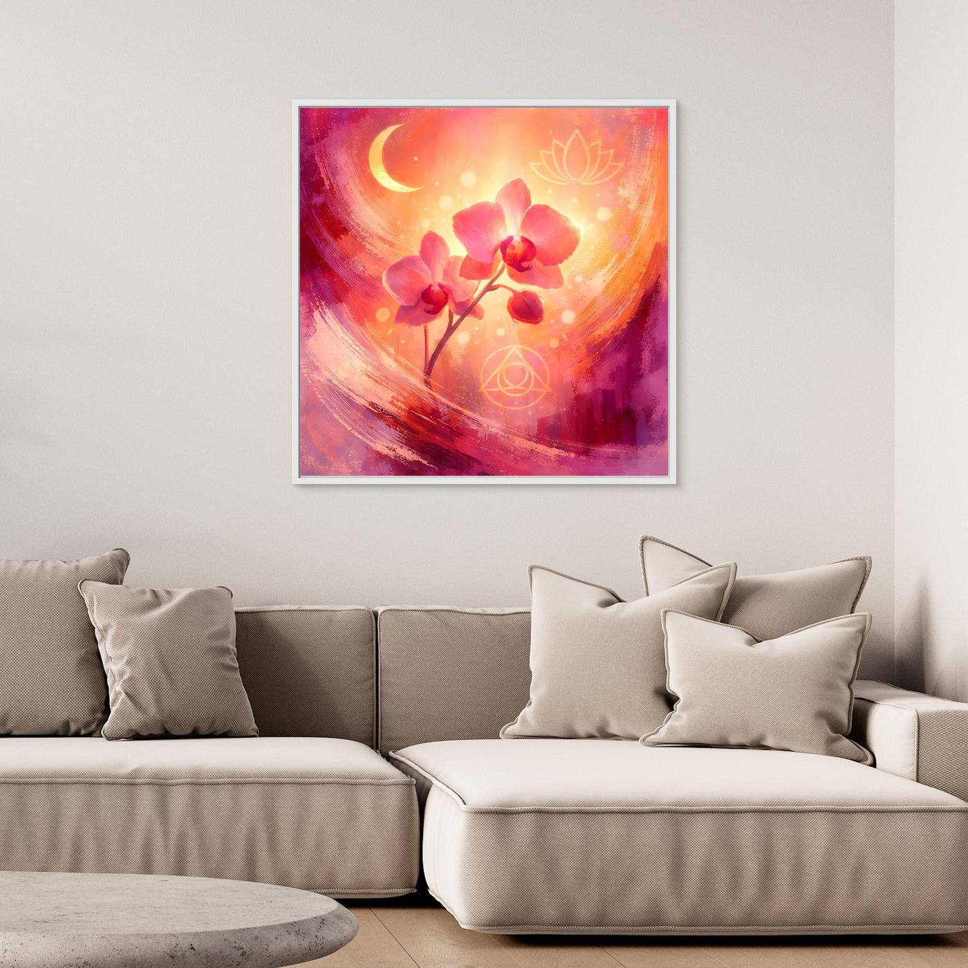 Abstraktes Wandbild mit Orchidee, Mondsichel im Farbverlauf, goldfarbener Rahmen