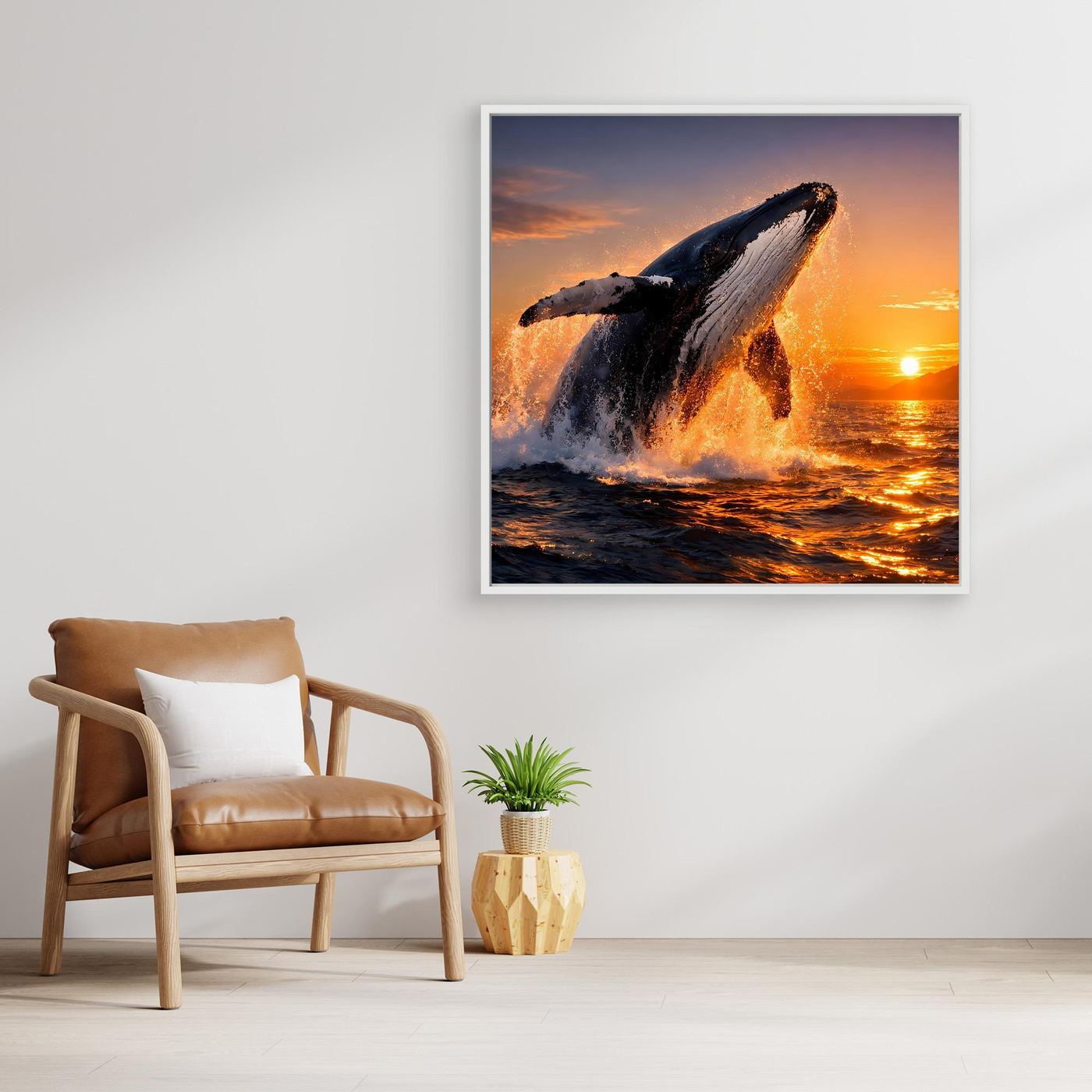 Leinwandbild mit springendem Buckelwal, silbergrau gerahmt, Sonnenuntergang am Meer