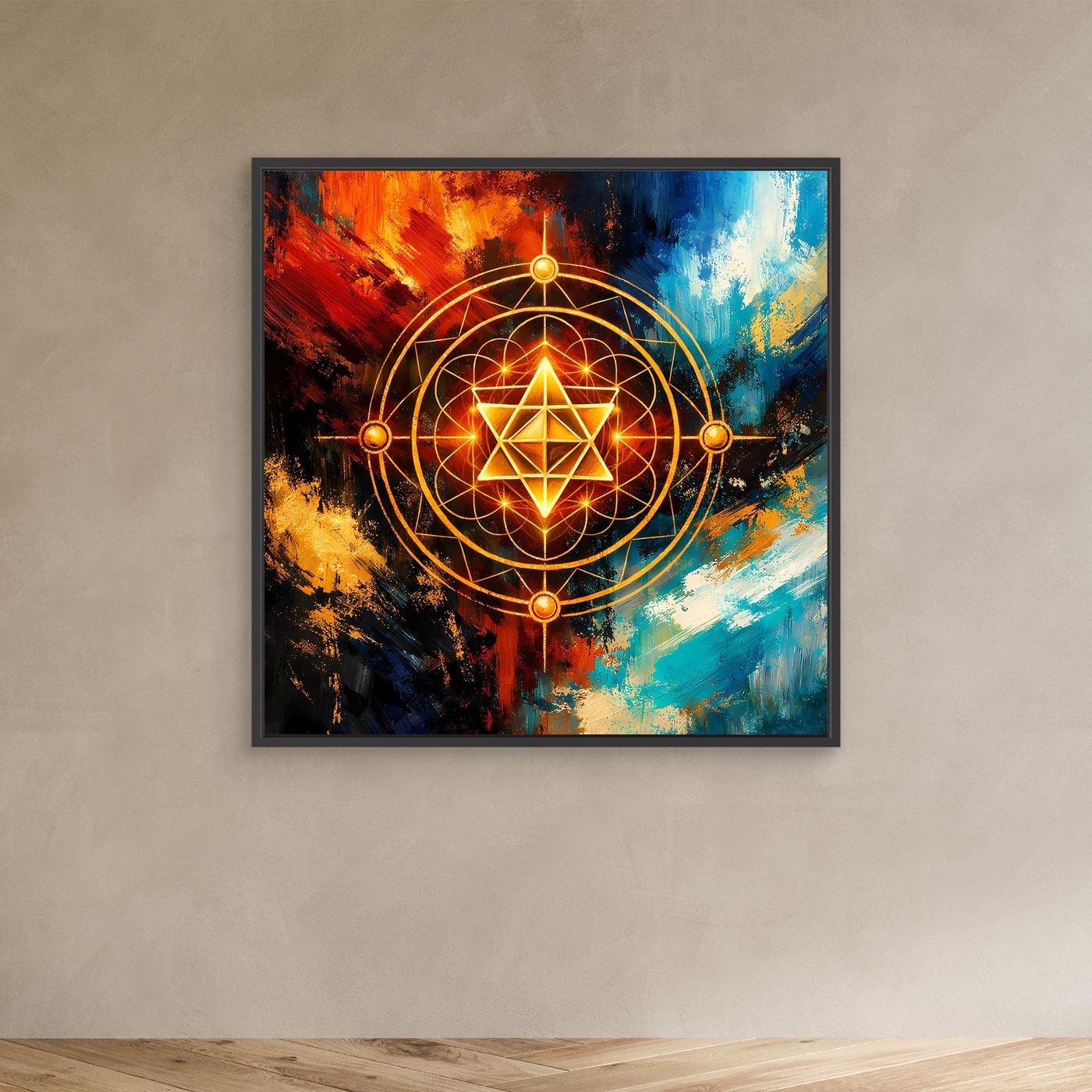 Kleines gerahmtes Leinwandbild mit goldener Merkaba-Geometrie und leuchtendem Stern, schwarzer Rahmen