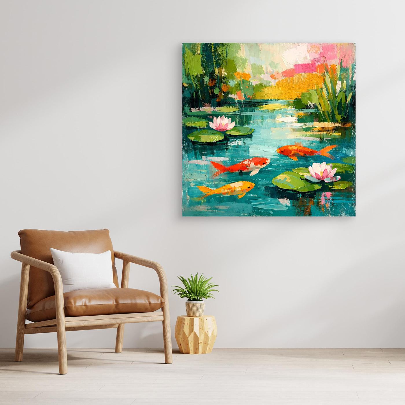 Abstract koi pond wall art featuring koi fish, green lily pads, and pink water lilies