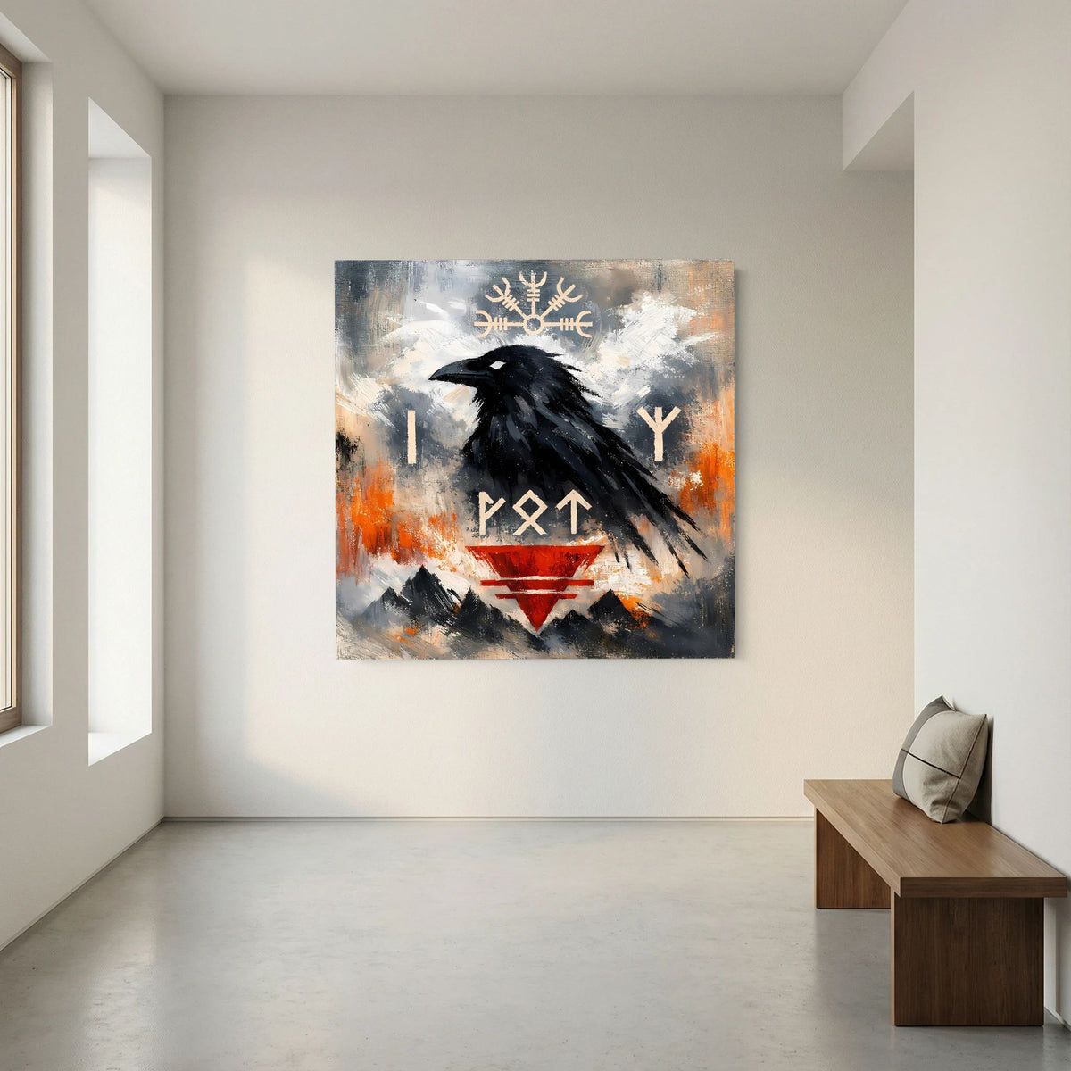 Wandbild mit schwarzem Rabenmotiv, Runenzeichen und rotem Dreieck auf Leinwand