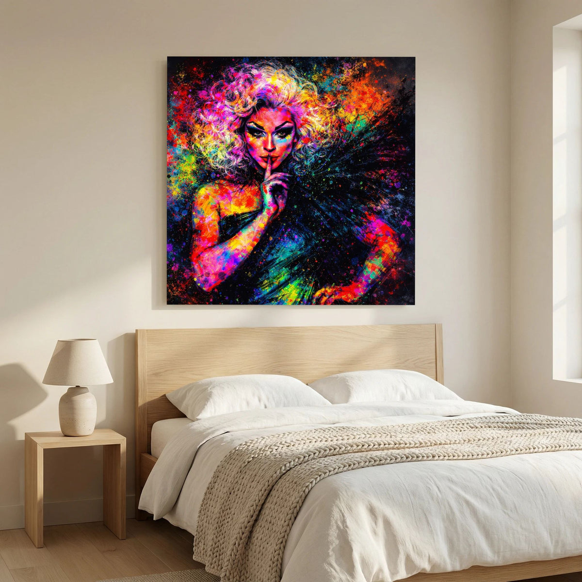 Leinwandbild: Pop-Art-Drag-Queen-Porträt mit farbiger Explosion, auf Keilrahmen