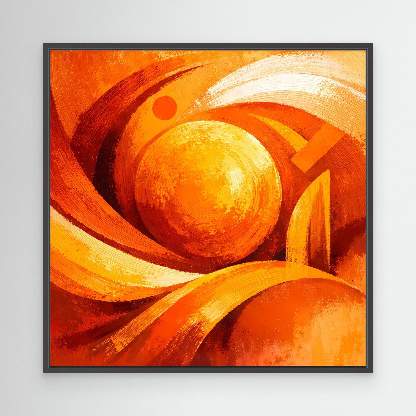 Abstraktes Leinwand-Wandbild mit orange-gelben Wirbeln und runden Motiven, schwarzer Rahmen