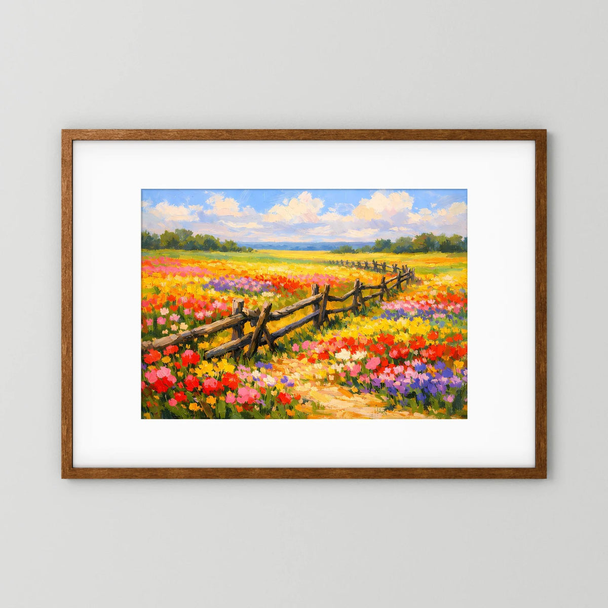 Wandbild im Querformat mit Holzrahmen und weißem Passepartout: Blumenwiese mit Zaun