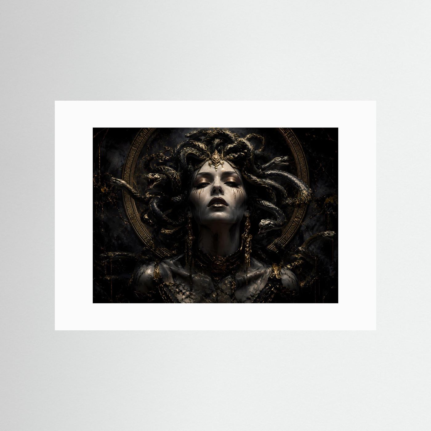 Göttin Medusa in Schwarz und Gold | Mythologische Dark-Art Poster & Wandbild