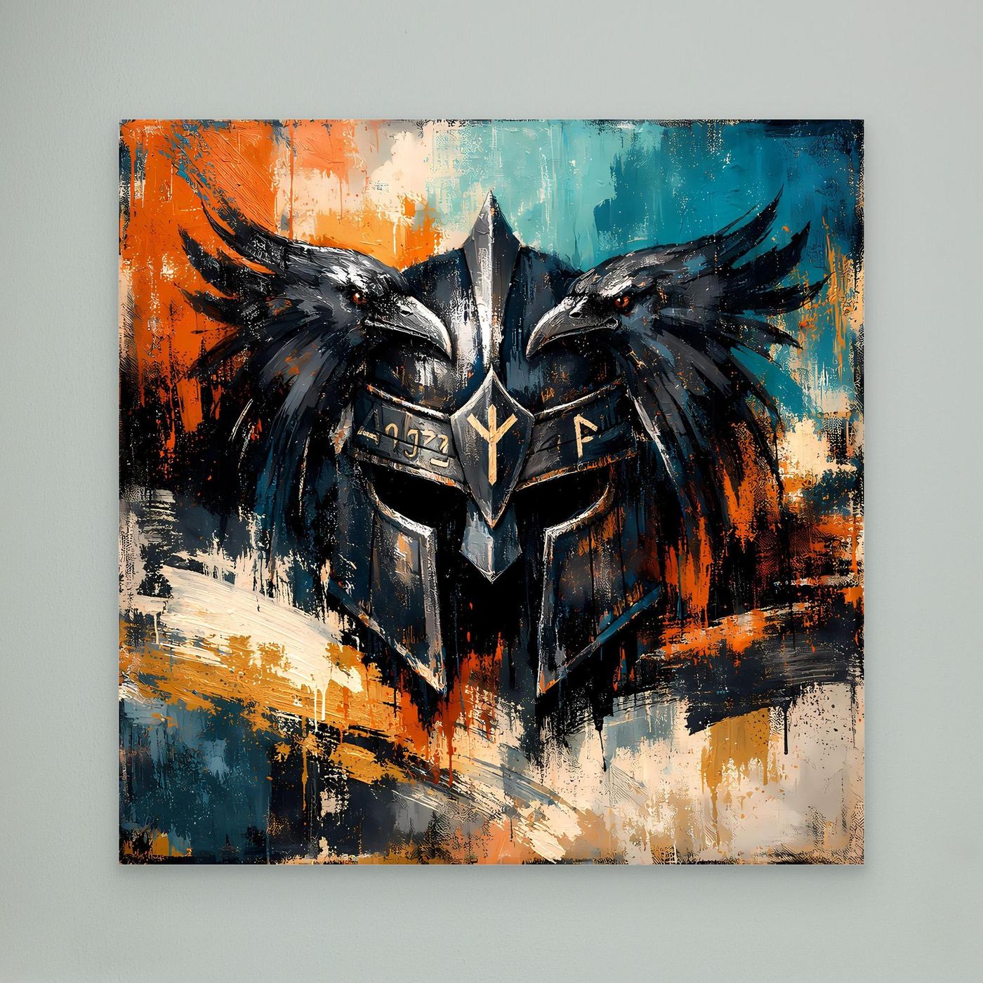 Wandbild Odin-Helm mit Raben, dunkles abstraktes Motiv in Blau, Orange und Schwarz