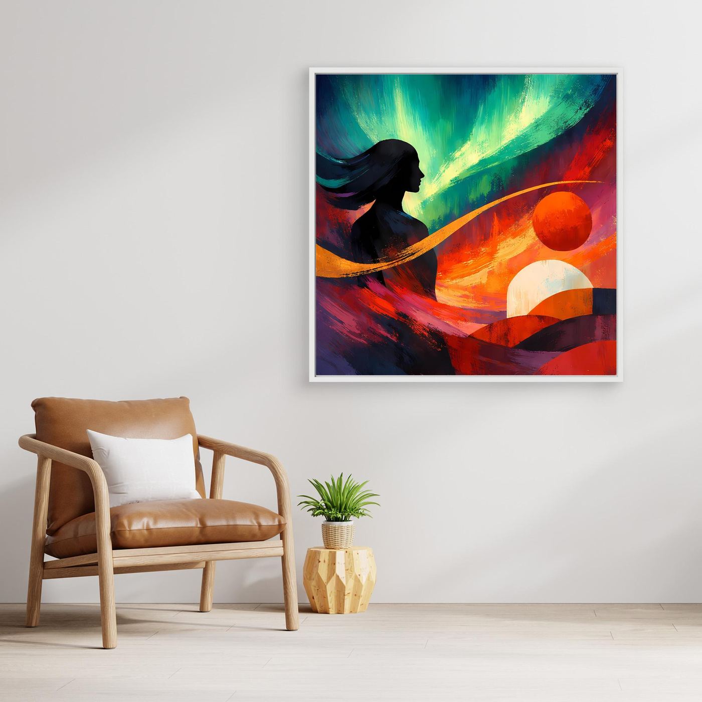 Abstraktes Polarlicht-Leinwandbild mit Schattenfigur, Grün-Orange-Rot, klarer Linienverlauf.