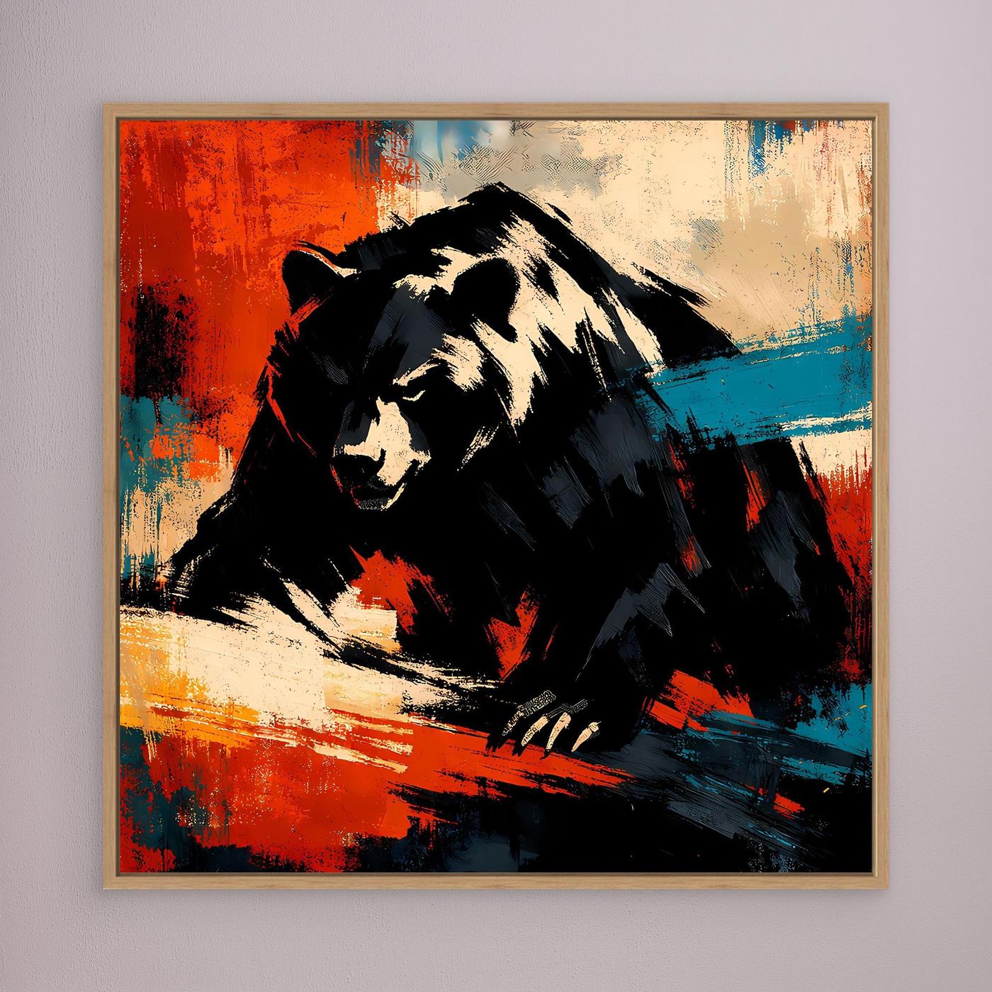Leinwand-Wandbild: abstrakter Grizzlybär, schwarz-beige, Rot- und Blauakzente, Eichenrahmen