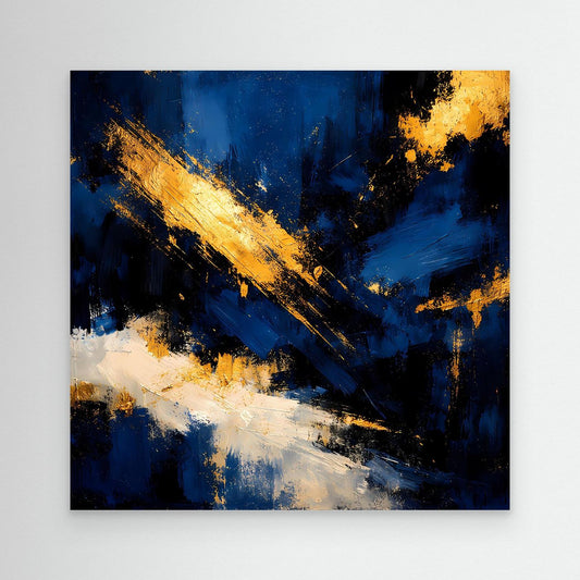 Leinwand-Wandbild mit abstrakten Pinselstrichen in Dunkelblau, Gold und Weiß