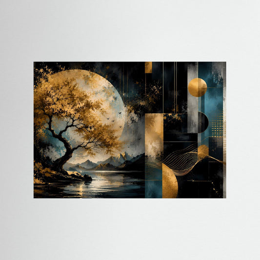 Gerahmtes Poster im Querformat mit abstrakter Landschaft, Baum, Mond und goldenen Formen