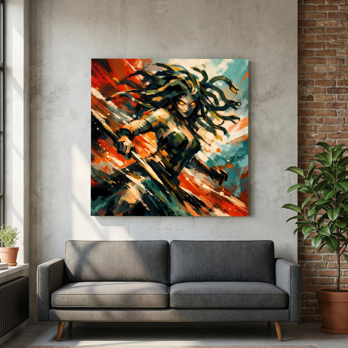 Leinwand-Wandbild mit Medusa, dynamische Malerei mit grünen und schwarzen Akzenten, orangefarbene Bahnen