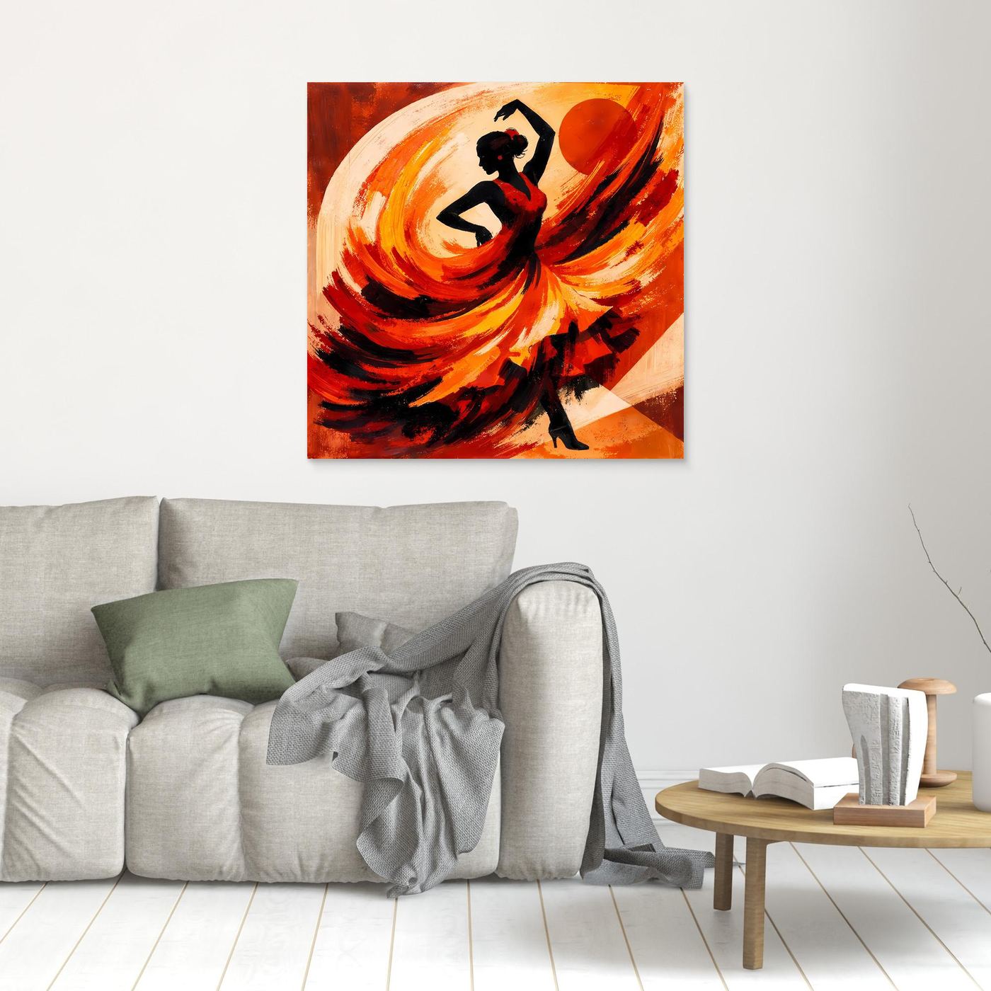 Gerahmtes Leinwandbild mit abstrakter Flamencotänzerin in Rot-Orange und schwarzer Silhouette