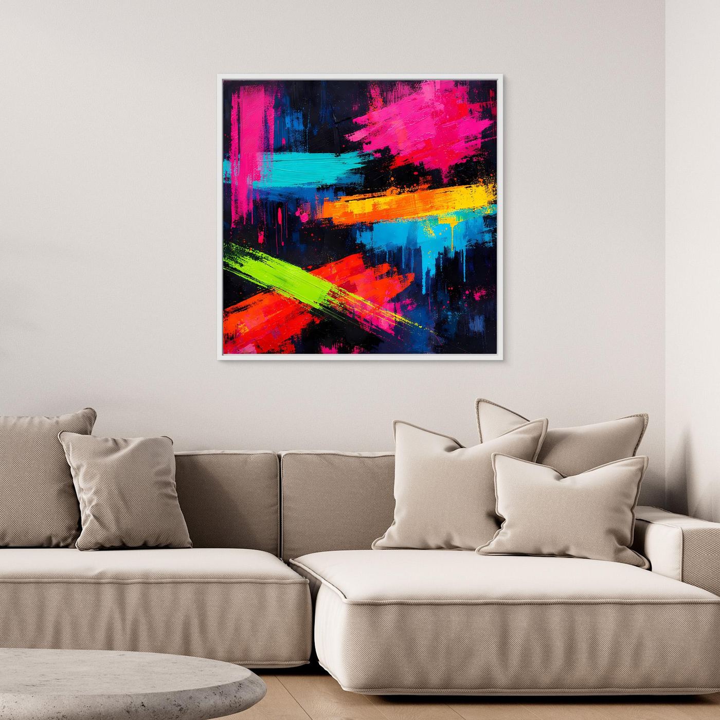 Abstraktes Leinwand-Wandbild mit Neon-Farbverläufen in Pink, Blau, Orange und Grün im schwarzen Rahmen