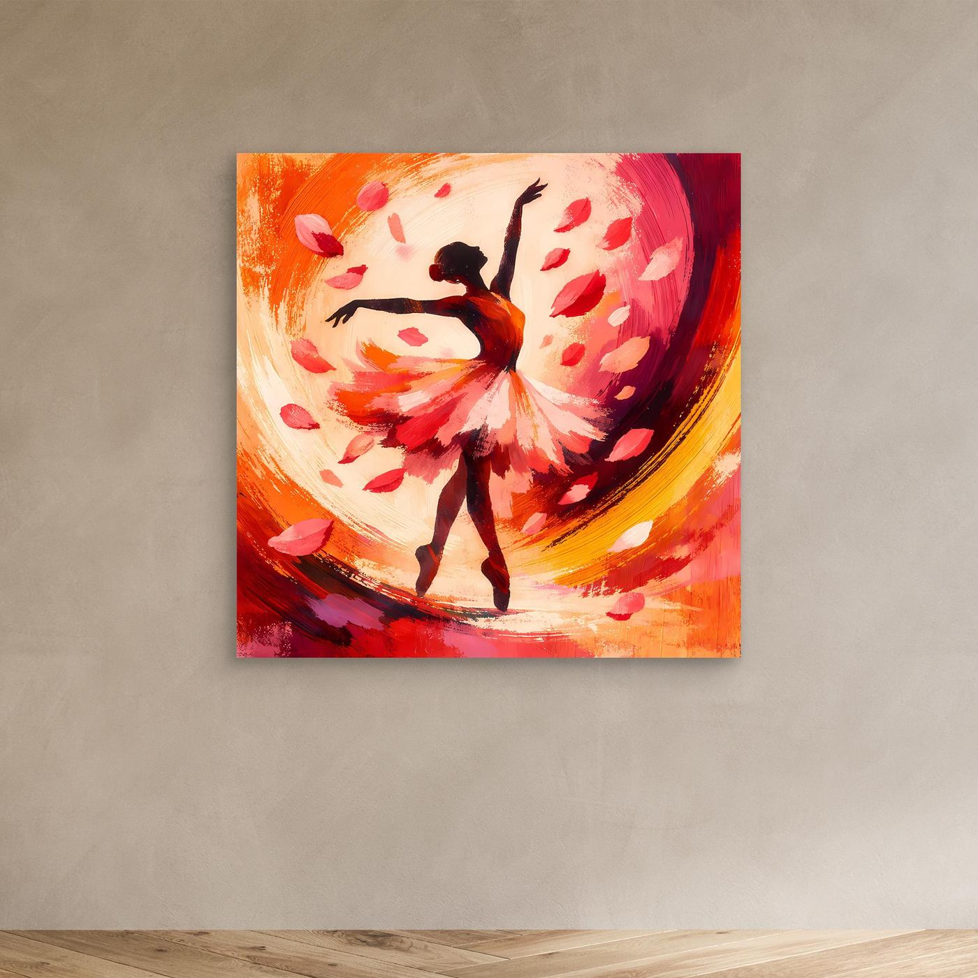 Leinwandbild mit Ballerina im Blütenregen, orange-roter Farbverlauf, ohne Rahmen